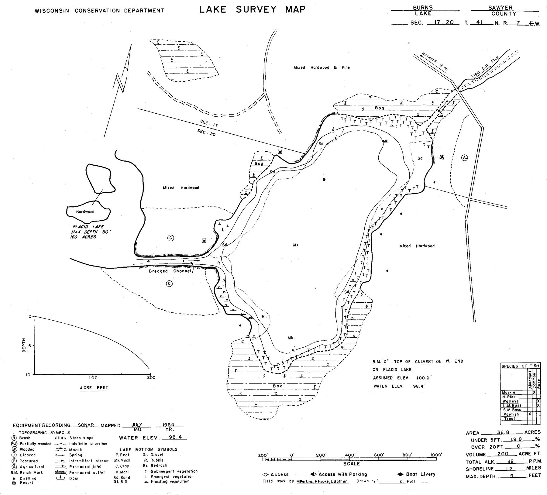 Burns Lake historical Wisconsin DNR depth map sheet 1