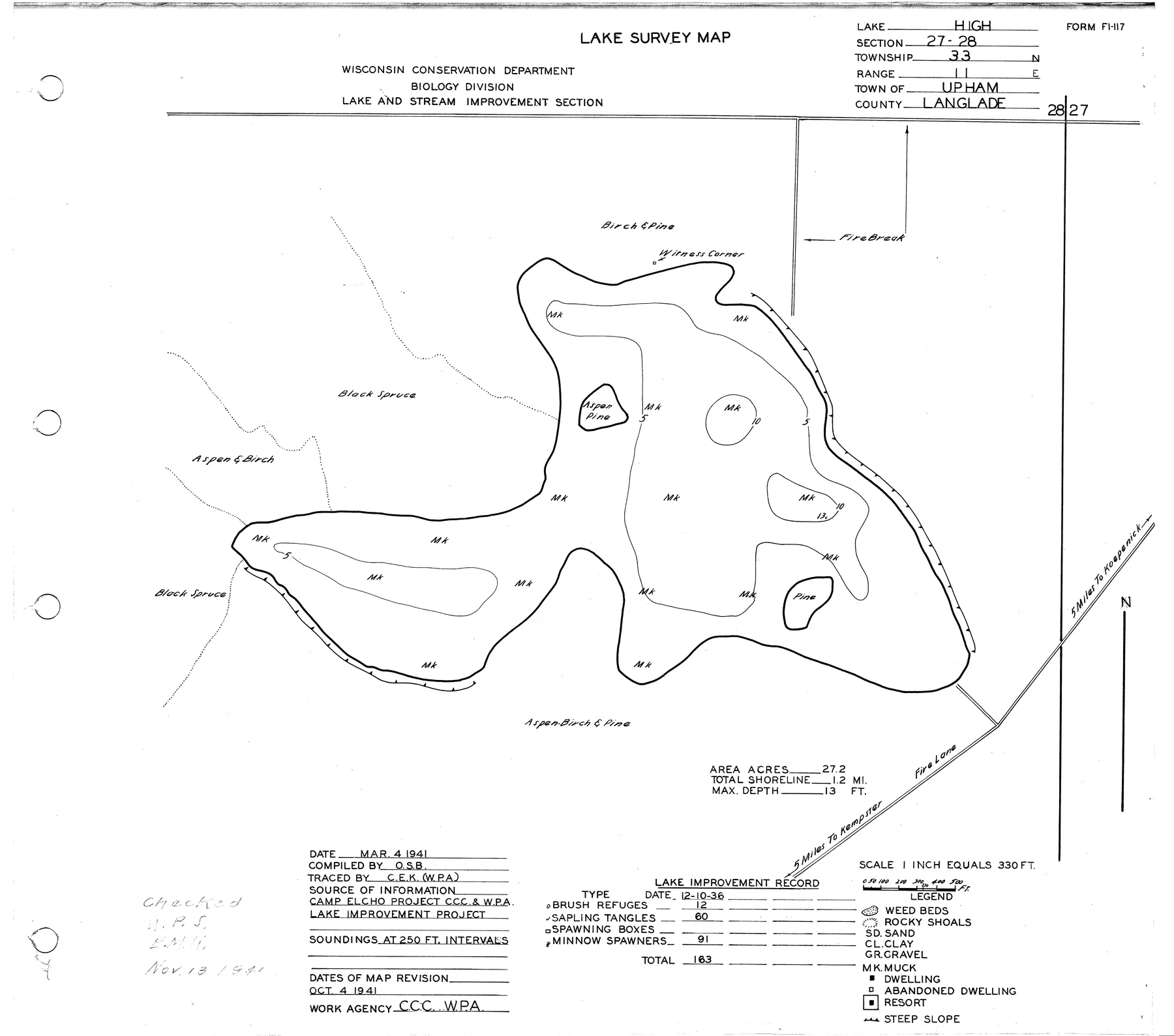 High Lake historical Wisconsin DNR depth map sheet 1