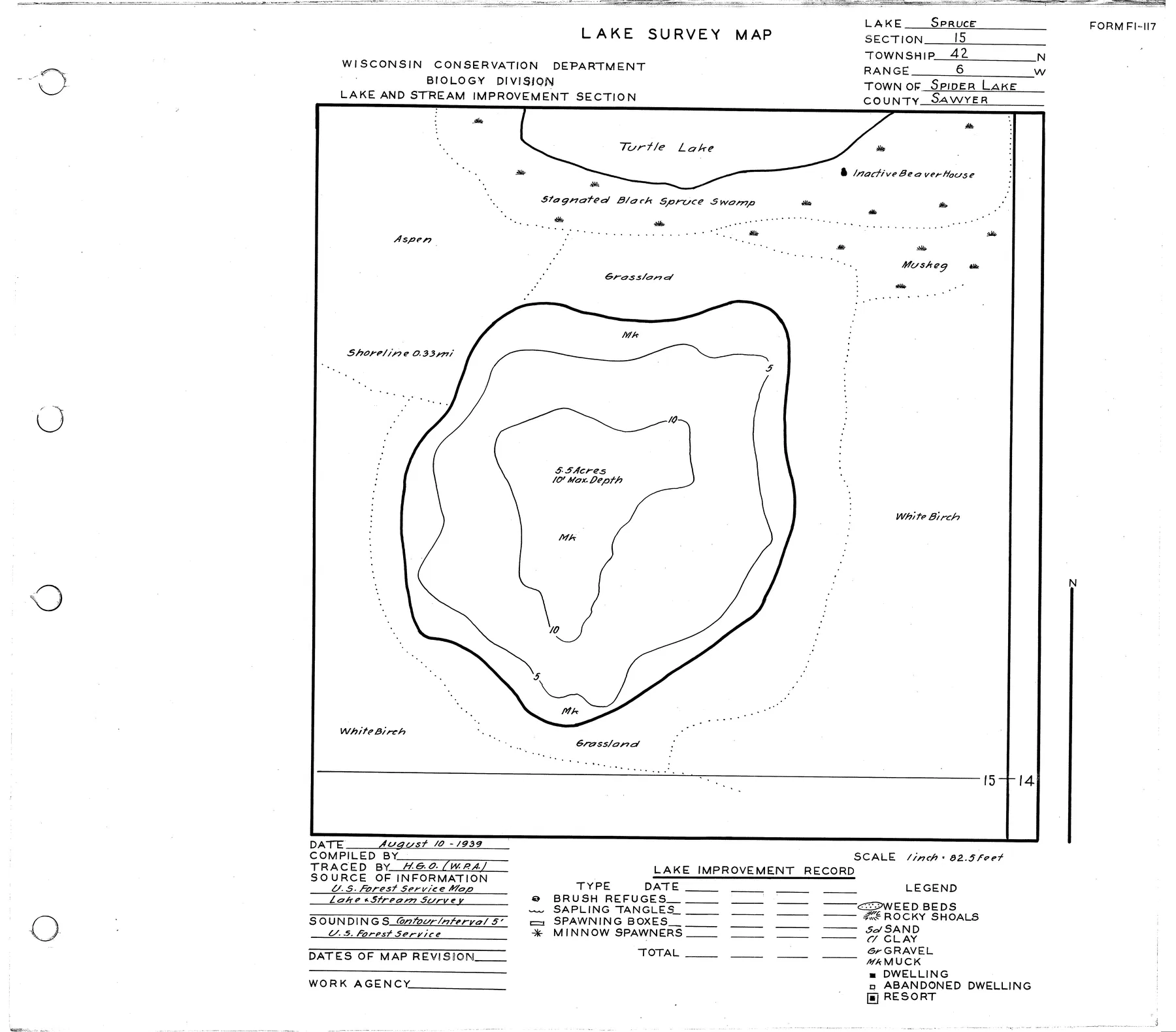 Spruce Lake historical Wisconsin DNR depth map sheet 1