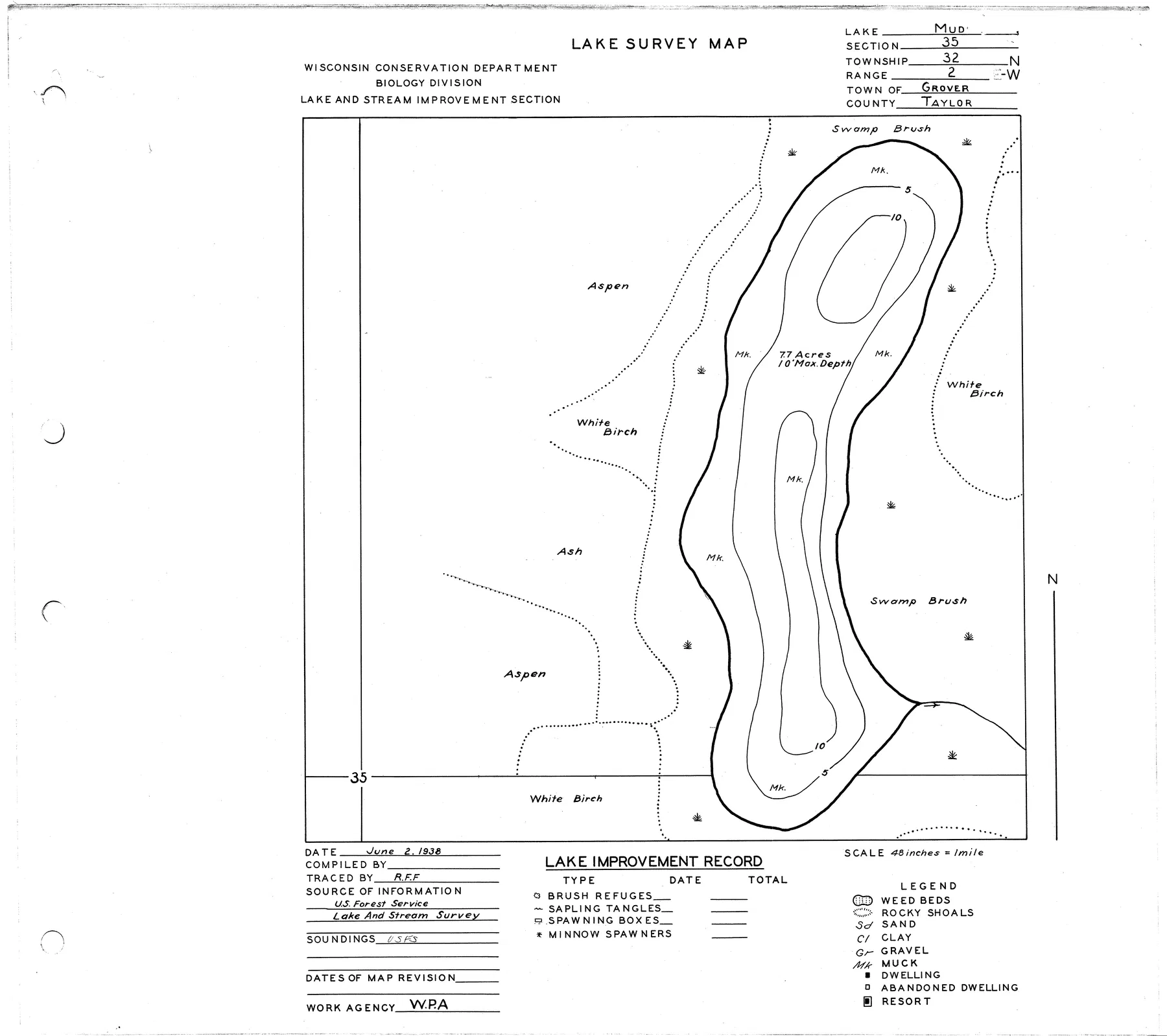 Long Lake historical Wisconsin DNR depth map sheet 1