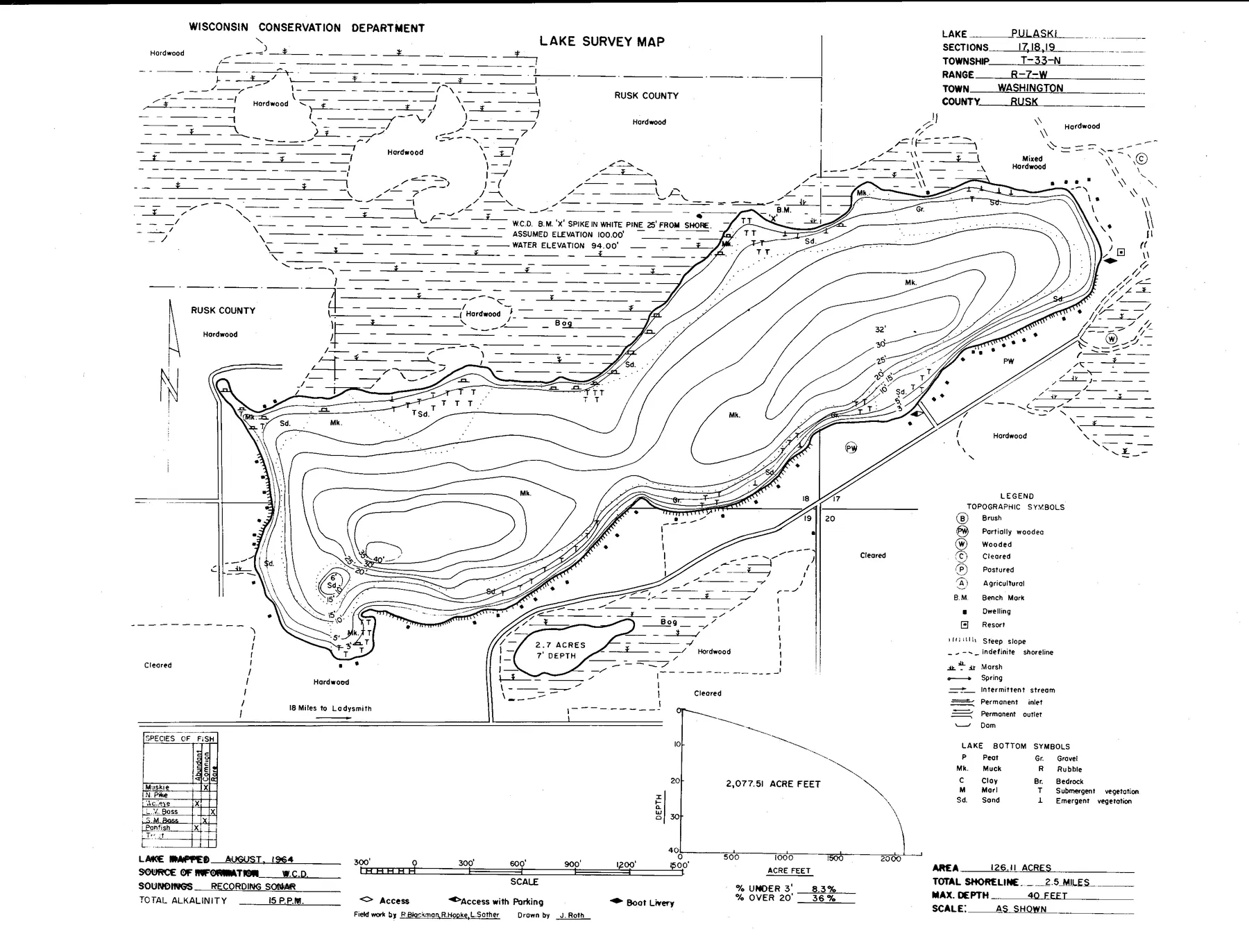 Pulaski Lake historical Wisconsin DNR depth map sheet 1