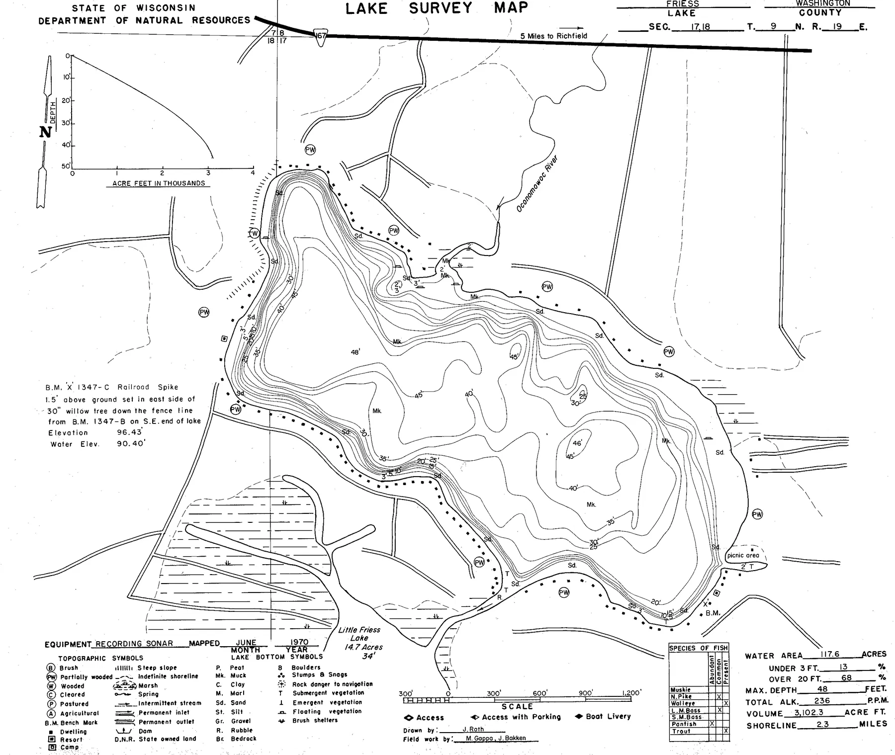 Friess Lake historical Wisconsin DNR depth map sheet 1
