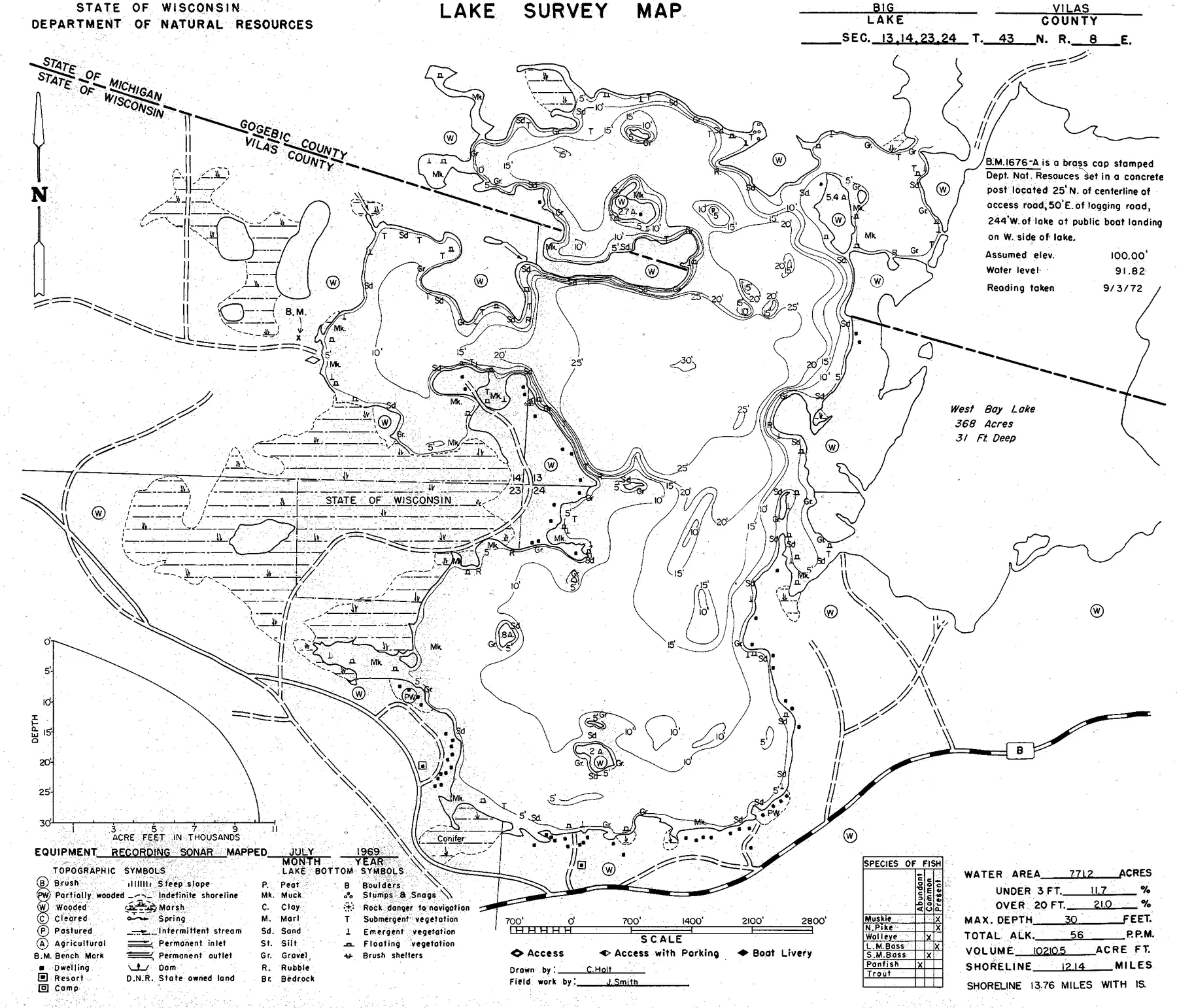 Big Lake historical Wisconsin DNR depth map sheet 1