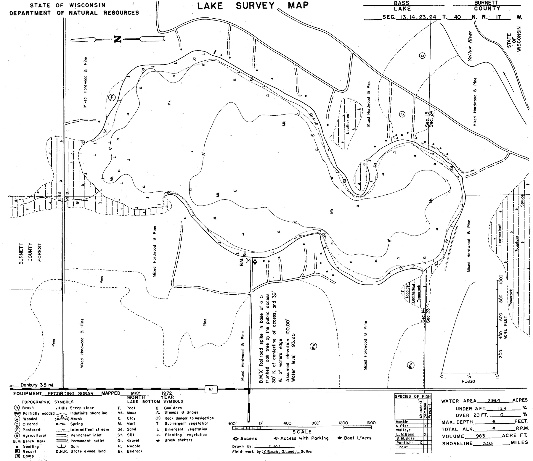 Bass Lake historical Wisconsin DNR depth map sheet 1
