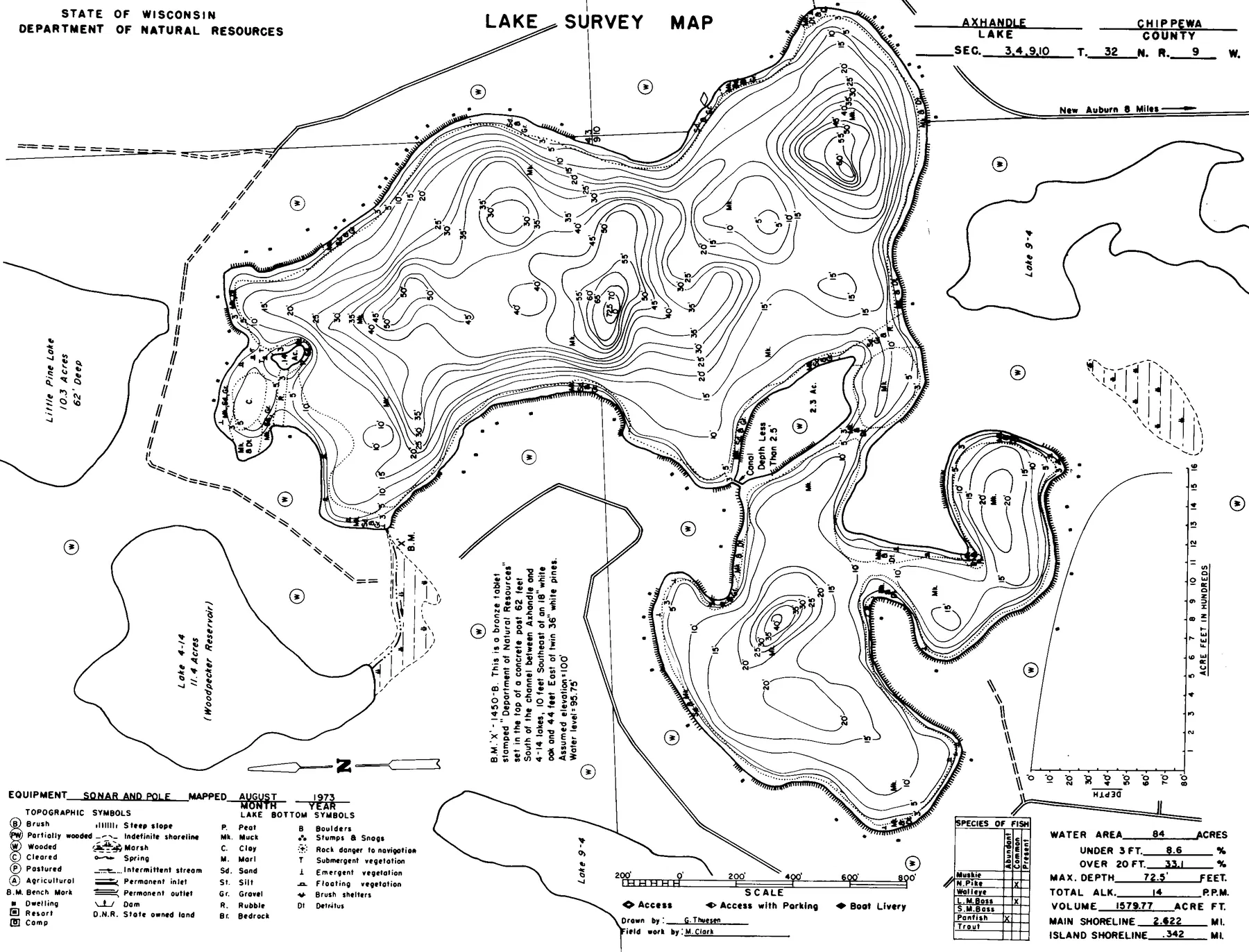 Axhandle Lake historical Wisconsin DNR depth map sheet 1