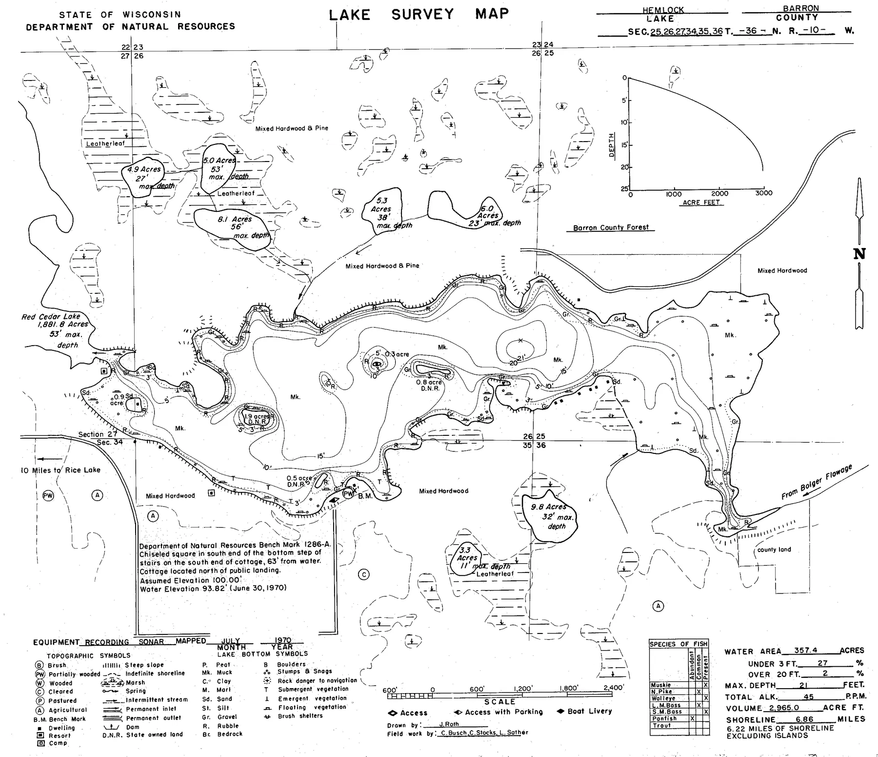 Hemlock Lake historical Wisconsin DNR depth map sheet 1