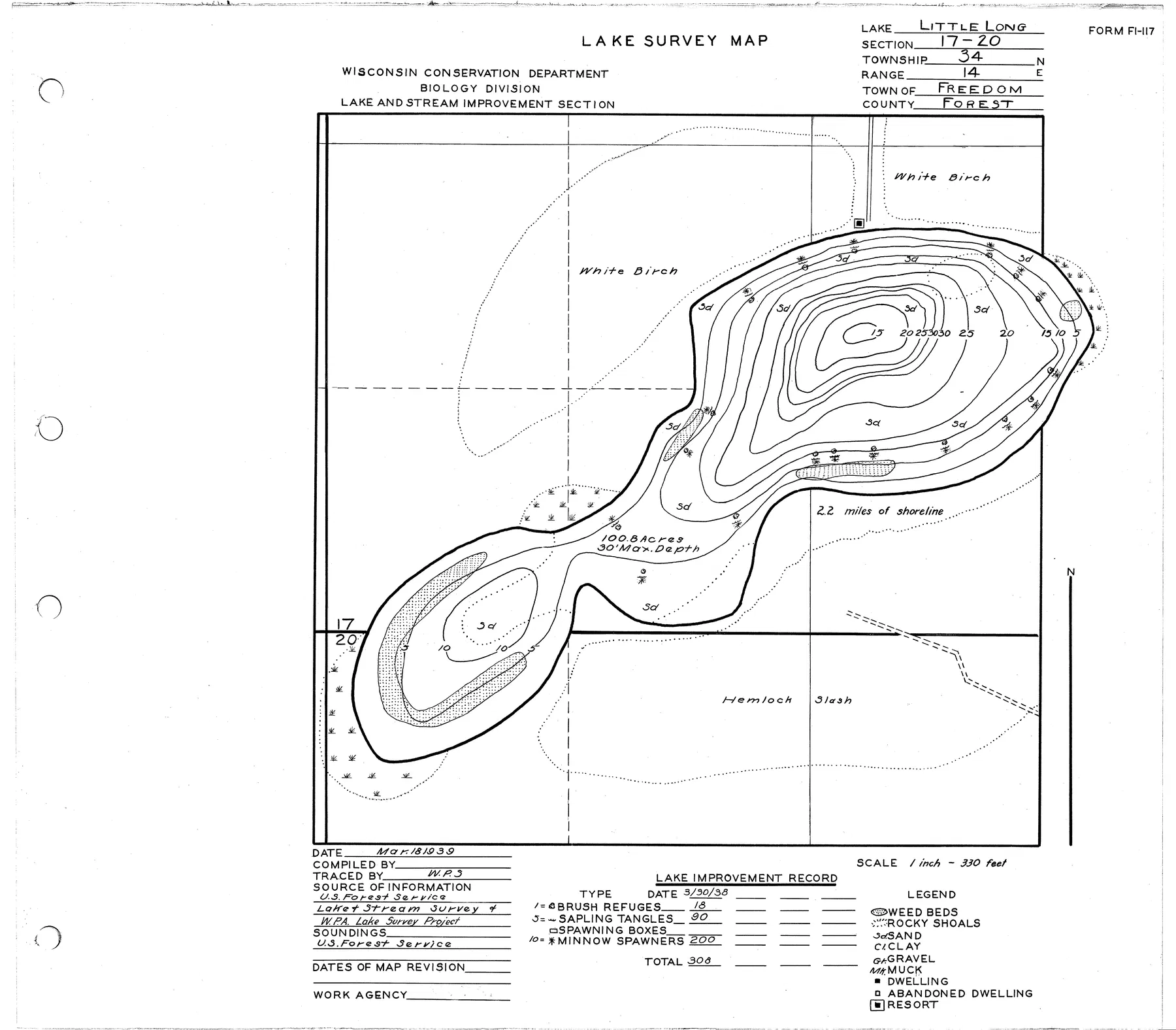 Little Long Lake historical Wisconsin DNR depth map sheet 1
