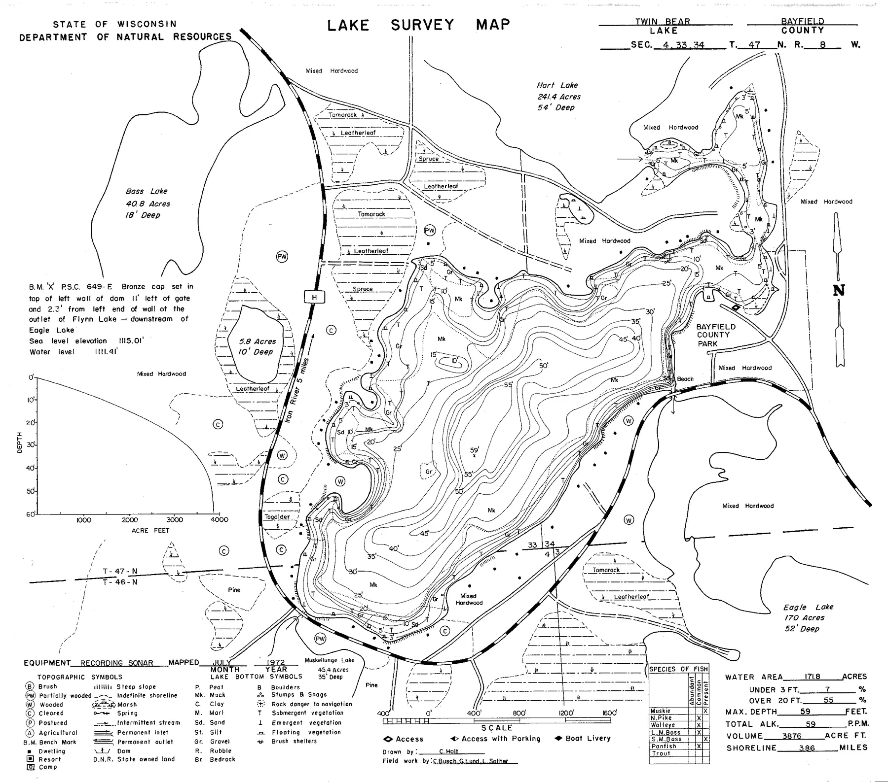 Twin Bear Lake historical Wisconsin DNR depth map sheet 1