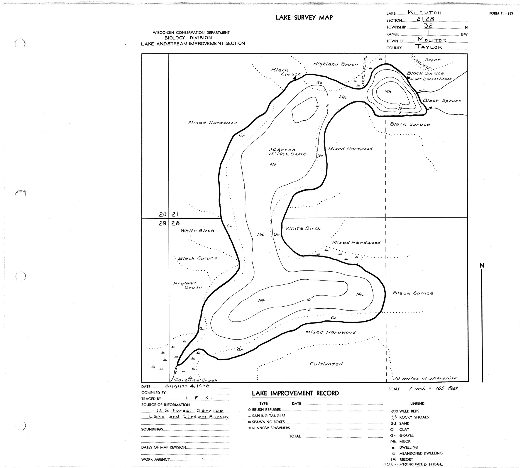 Kleutch Lake historical Wisconsin DNR depth map sheet 1