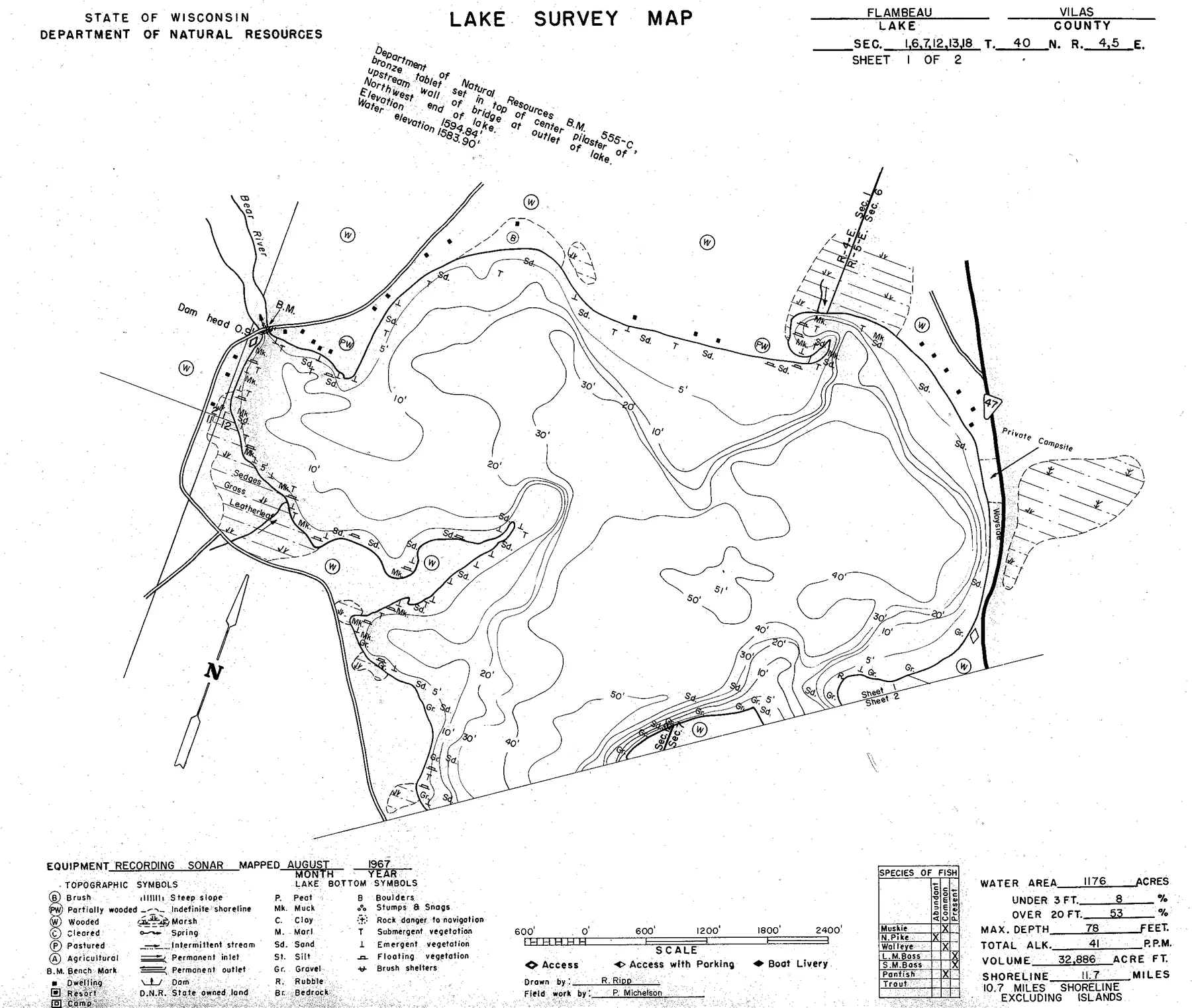 Flambeau Lake historical Wisconsin DNR depth map sheet 1
