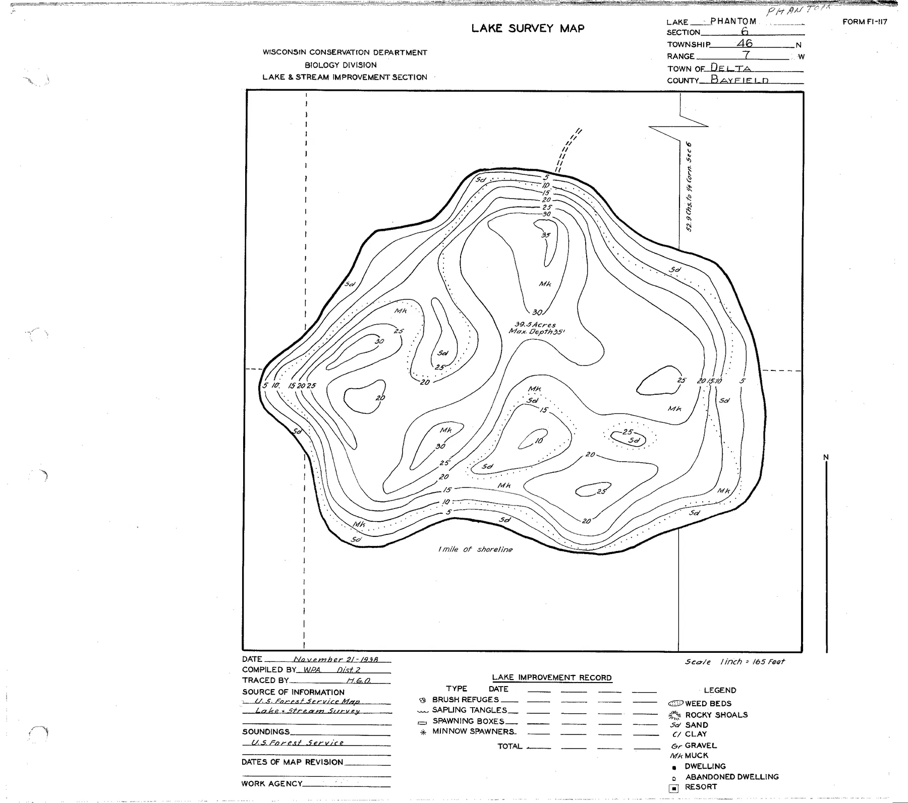 Phantom Lake historical Wisconsin DNR depth map sheet 1