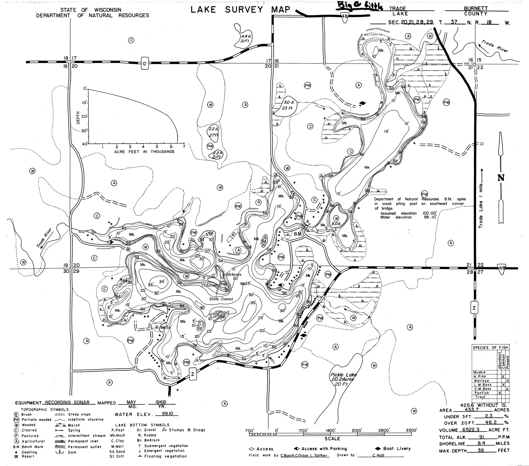 Little Trade Lake historical Wisconsin DNR depth map sheet 1