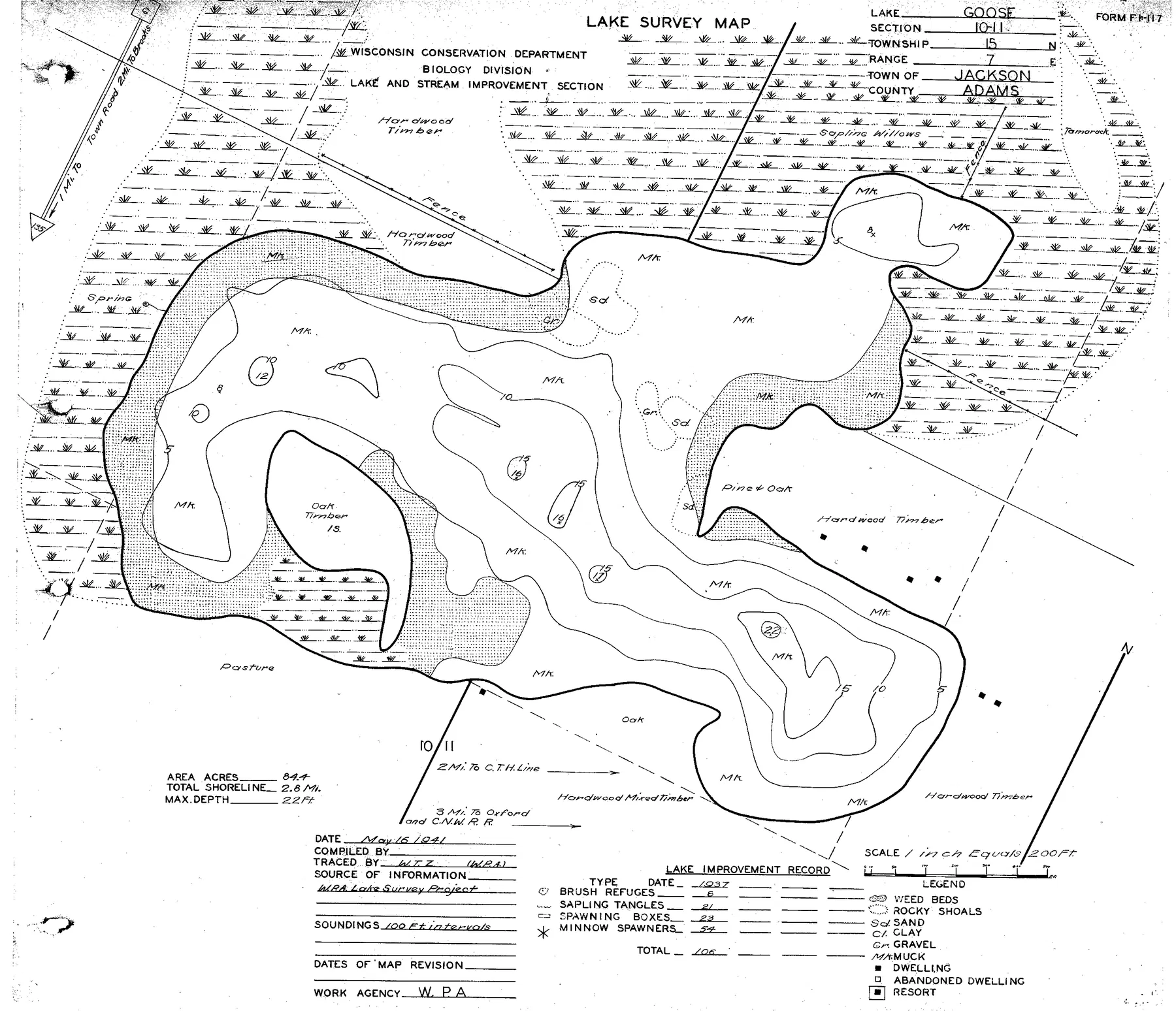 Goose Lake historical Wisconsin DNR depth map sheet 1