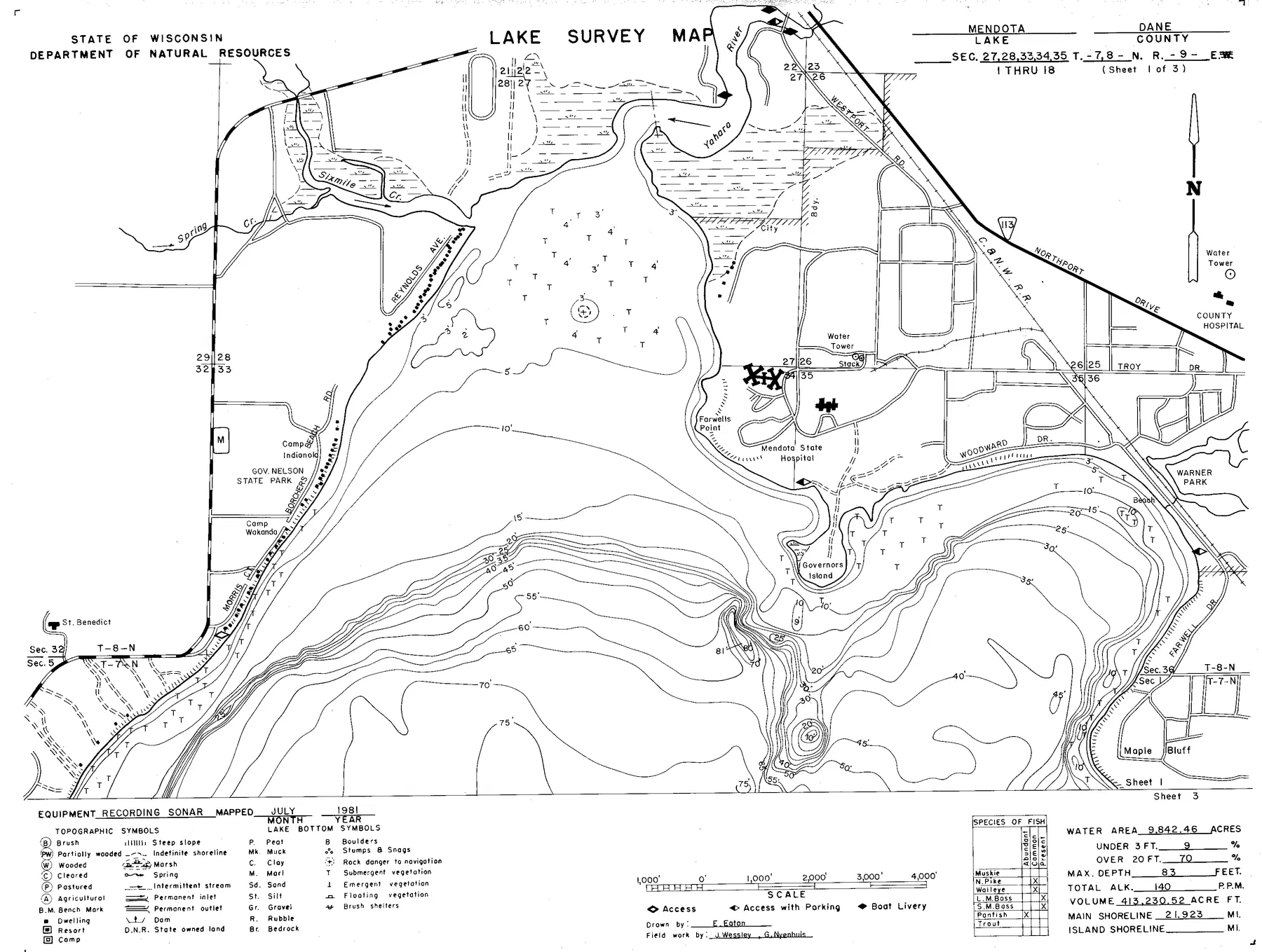 Lake Mendota historical Wisconsin DNR depth map sheet 1