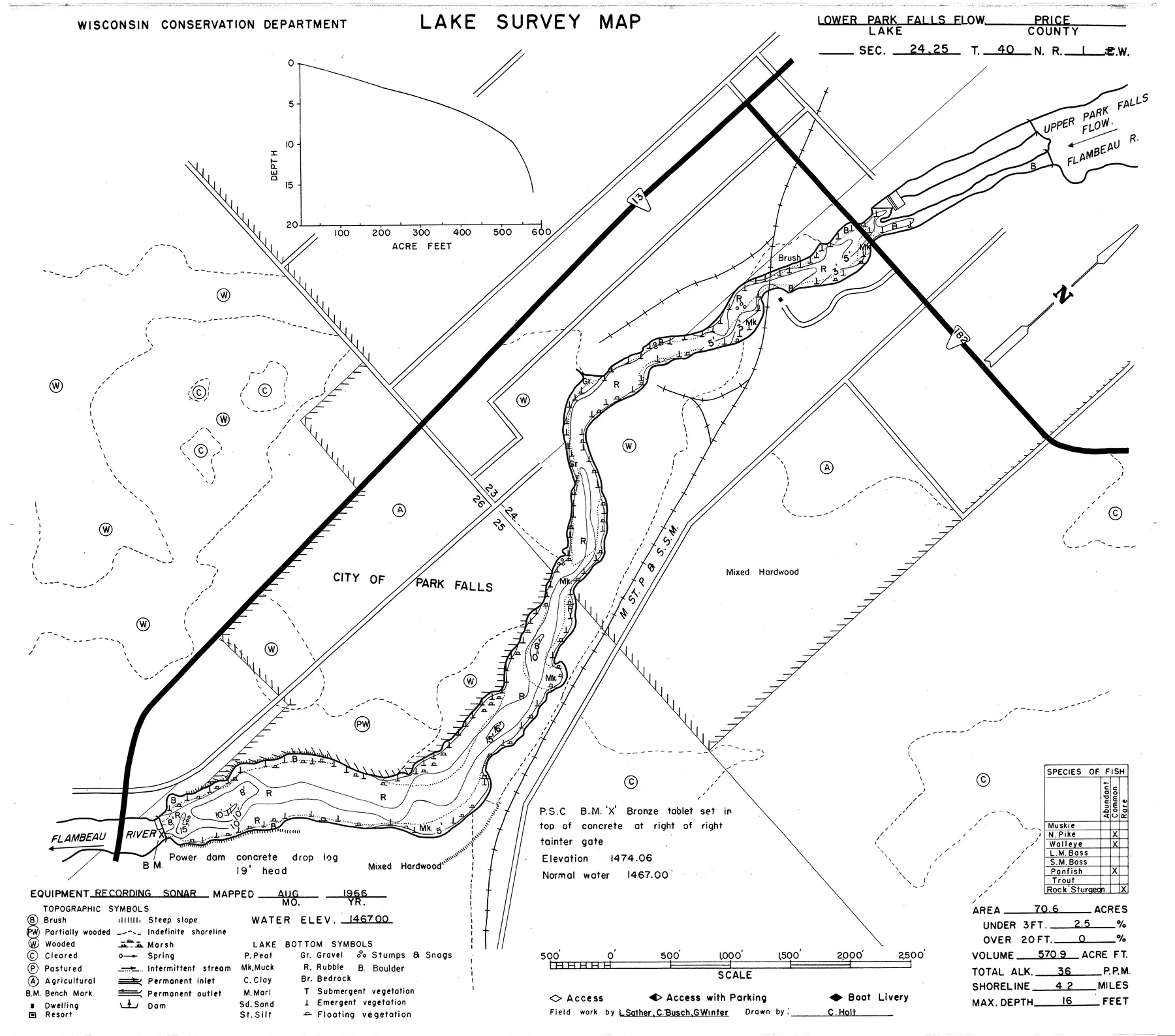 Lower Park Falls Flowage 762 historical Wisconsin DNR depth map sheet 1