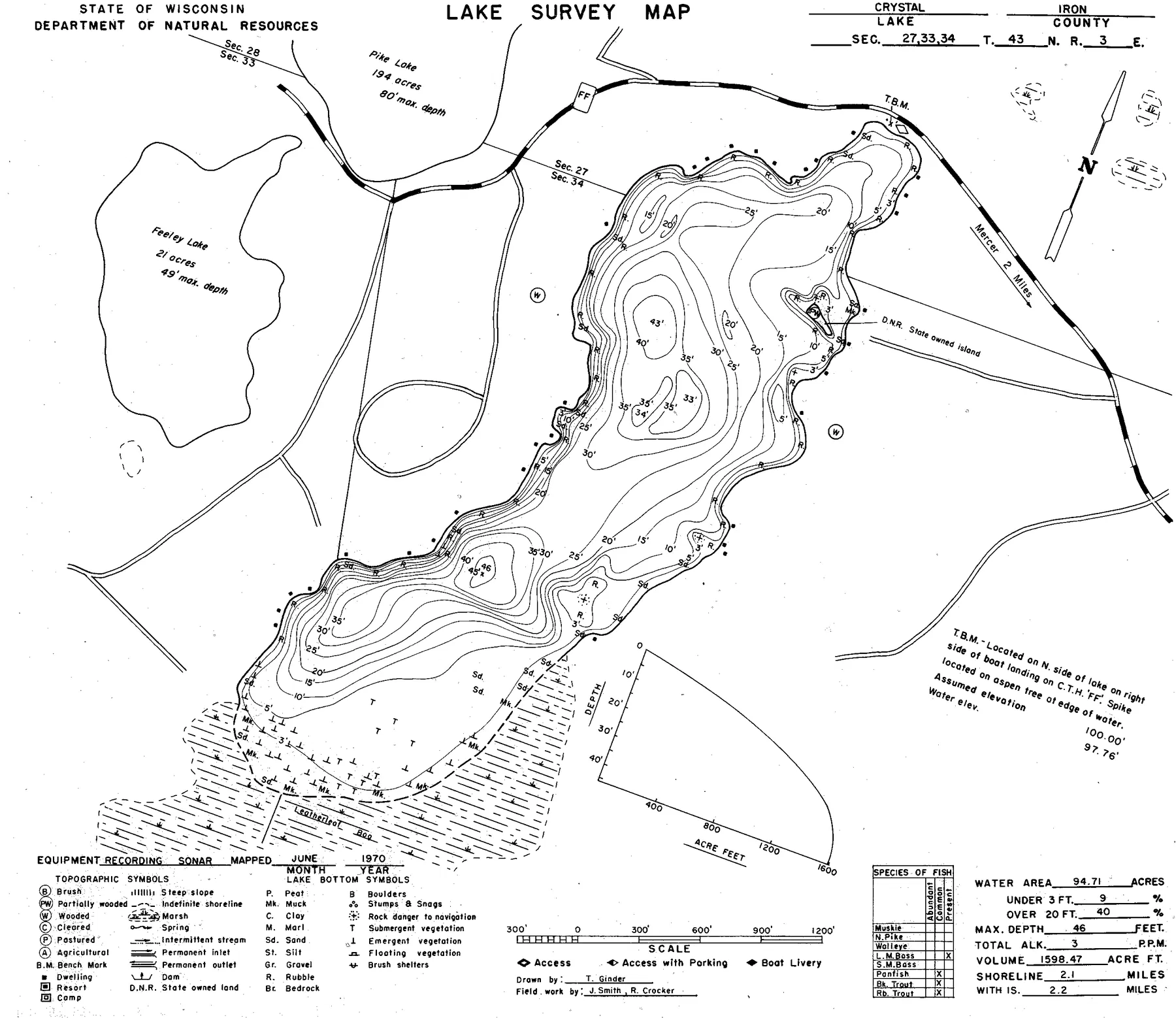 Crystal Lake historical Wisconsin DNR depth map sheet 1