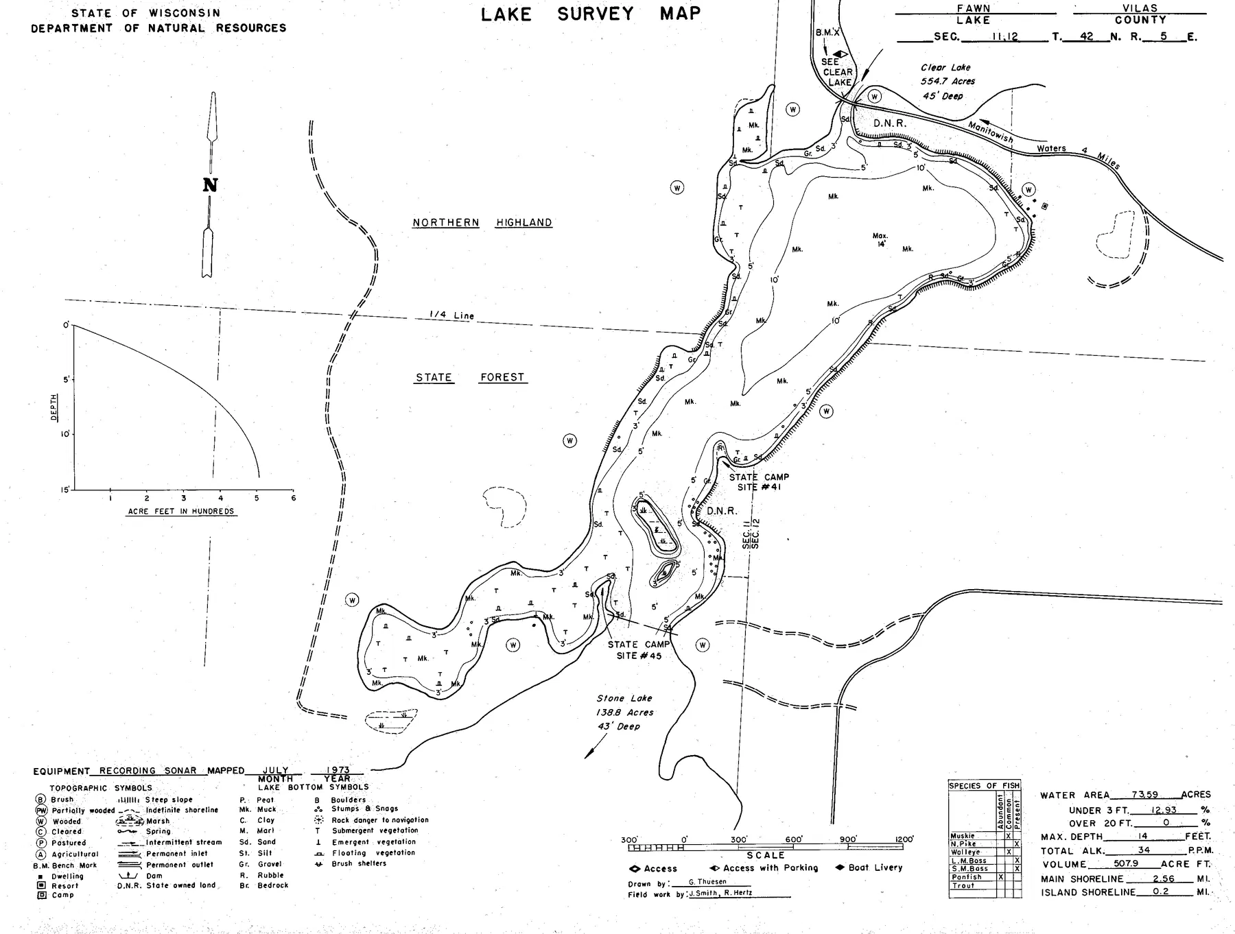 Fawn Lake historical Wisconsin DNR depth map sheet 1