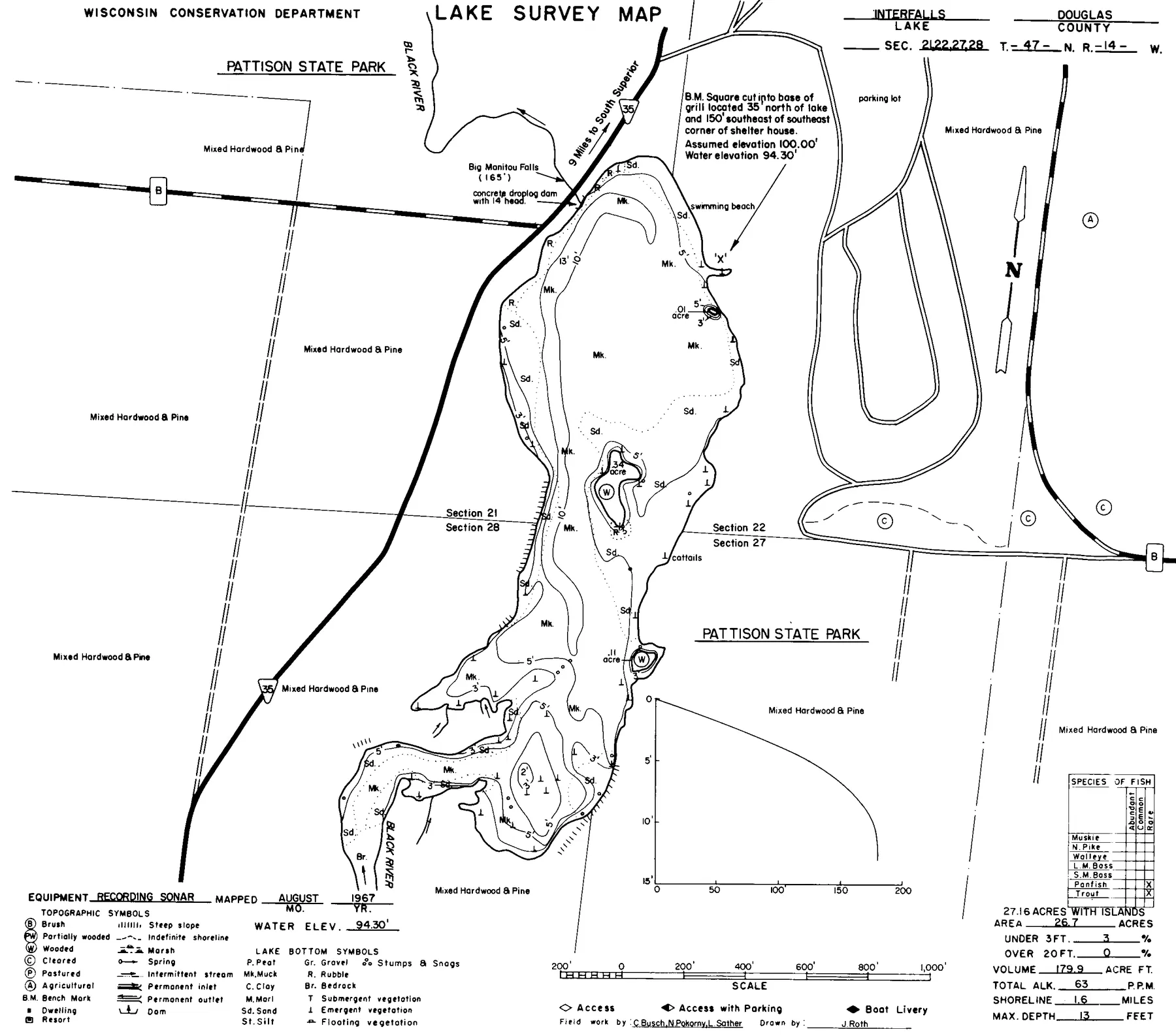 Interfalls Lake historical Wisconsin DNR depth map sheet 1