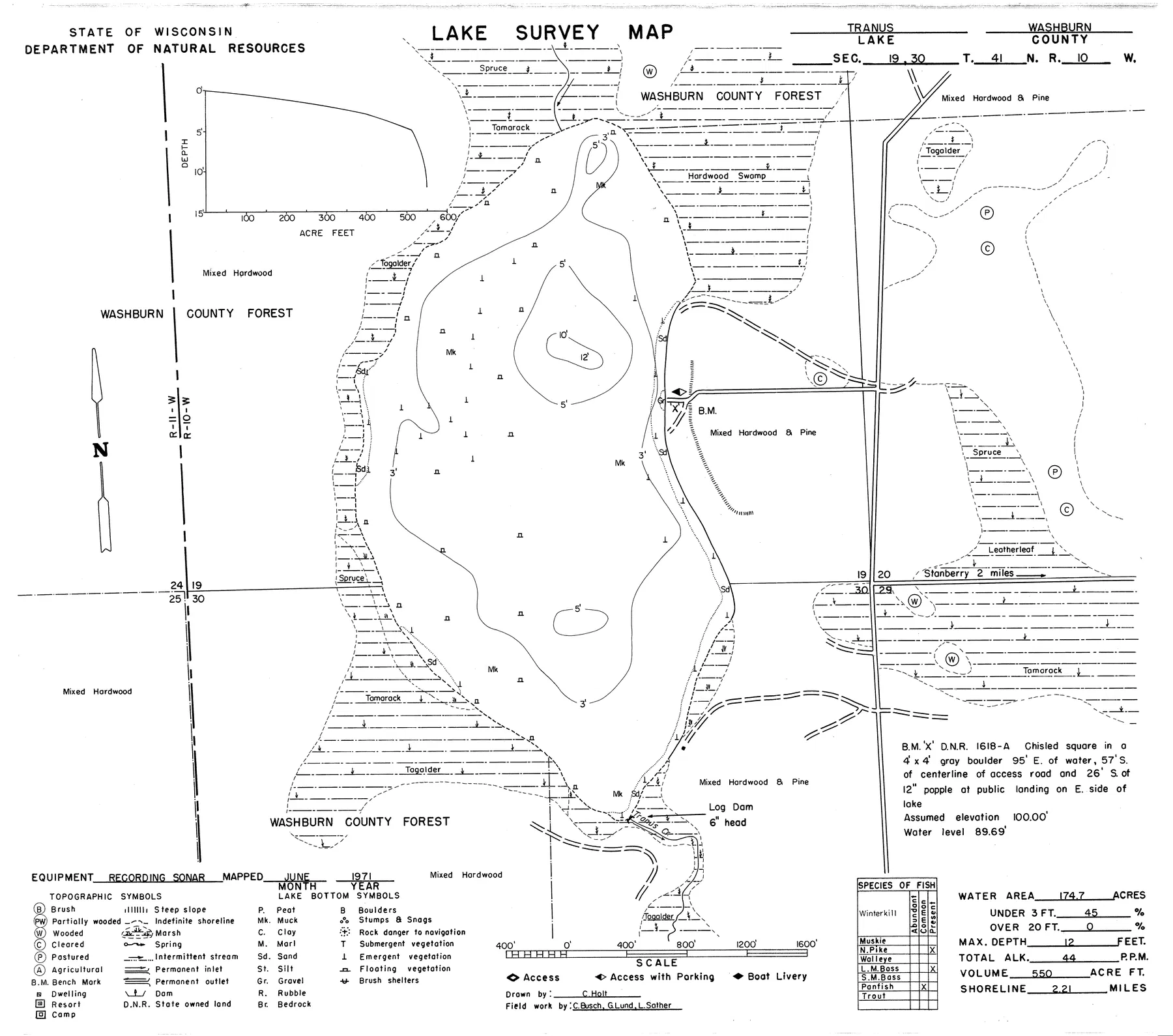 Tranus Lake historical Wisconsin DNR depth map sheet 1