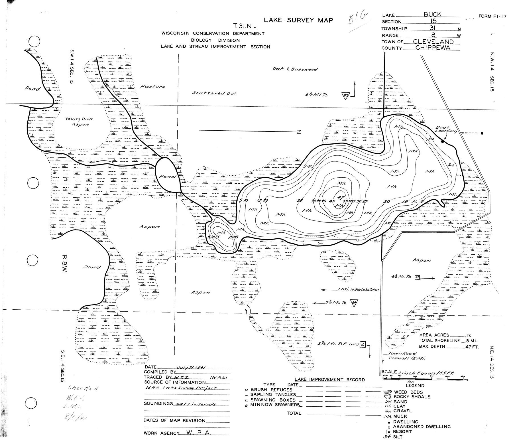Big Buck Lake historical Wisconsin DNR depth map sheet 1