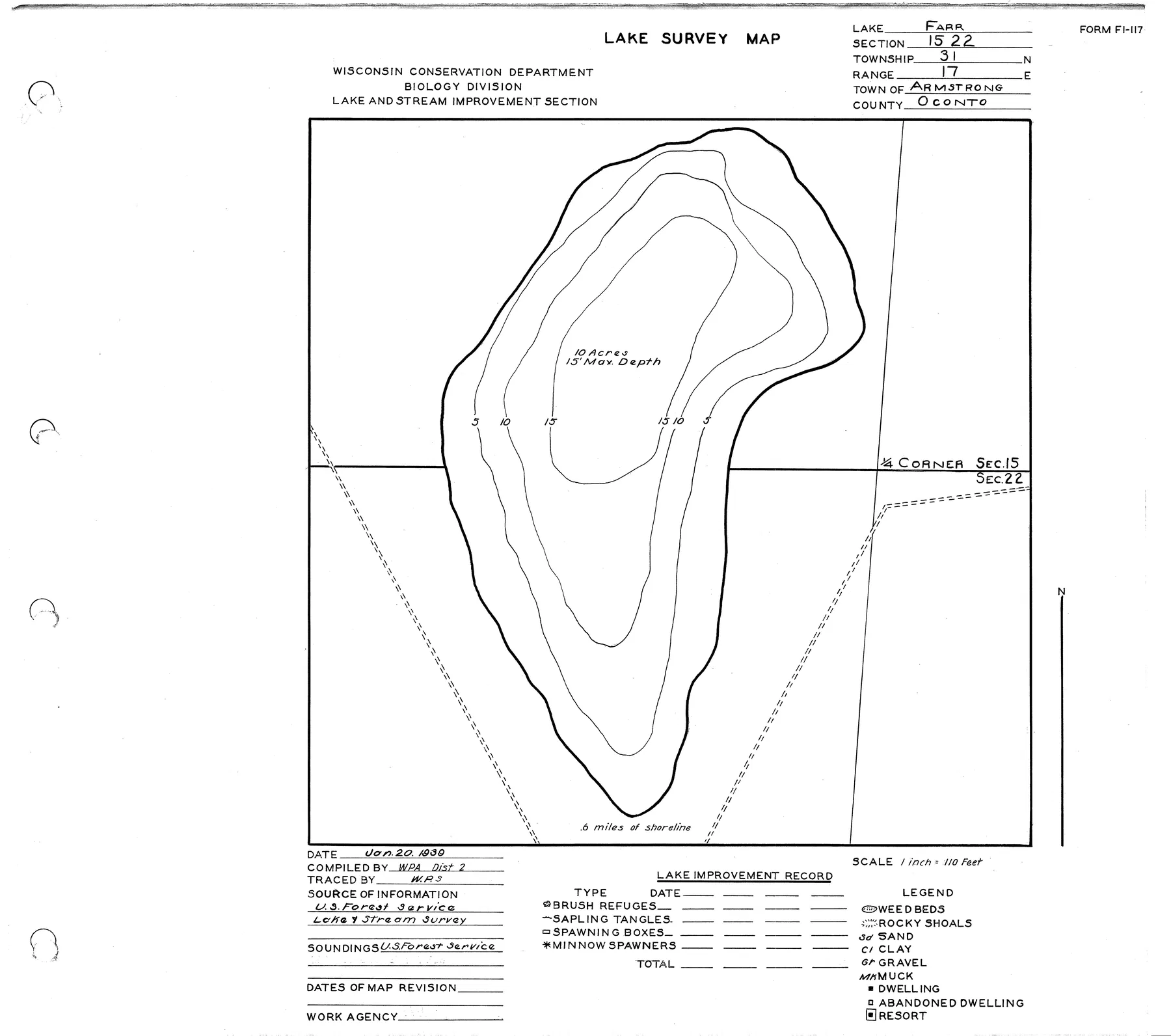Farr Lake historical Wisconsin DNR depth map sheet 1
