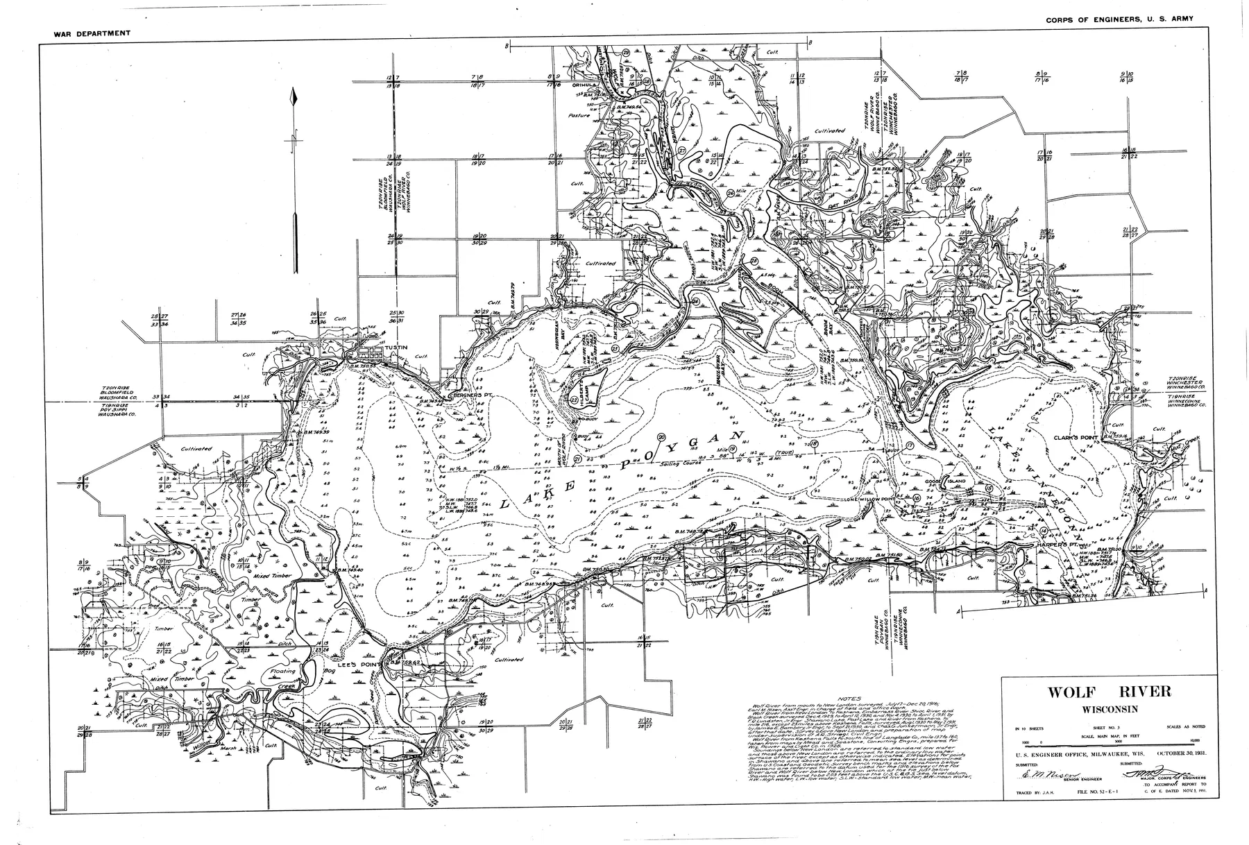 Lake Poygan historical Wisconsin DNR depth map sheet 1