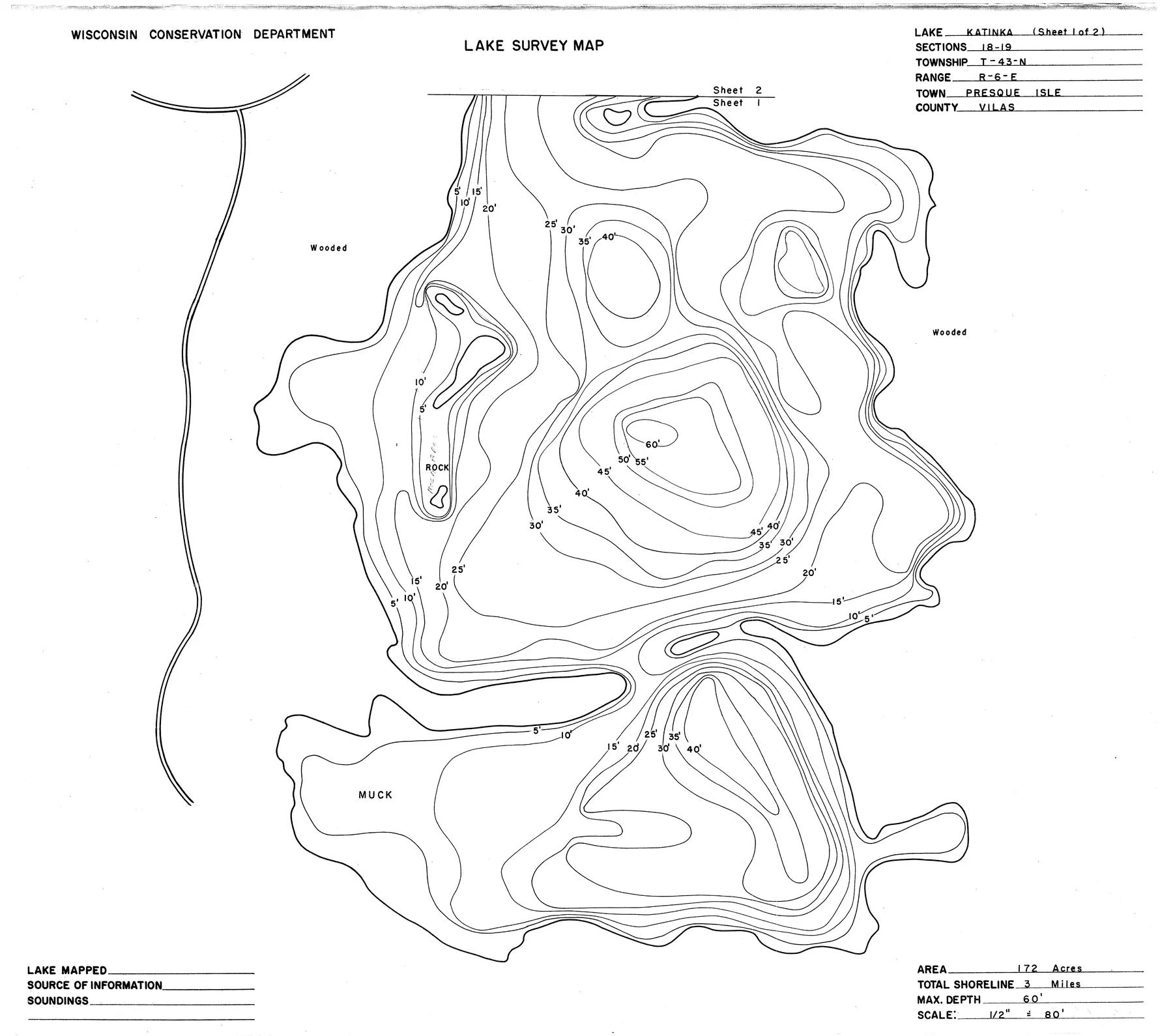 Katinka Lake historical Wisconsin DNR depth map sheet 1