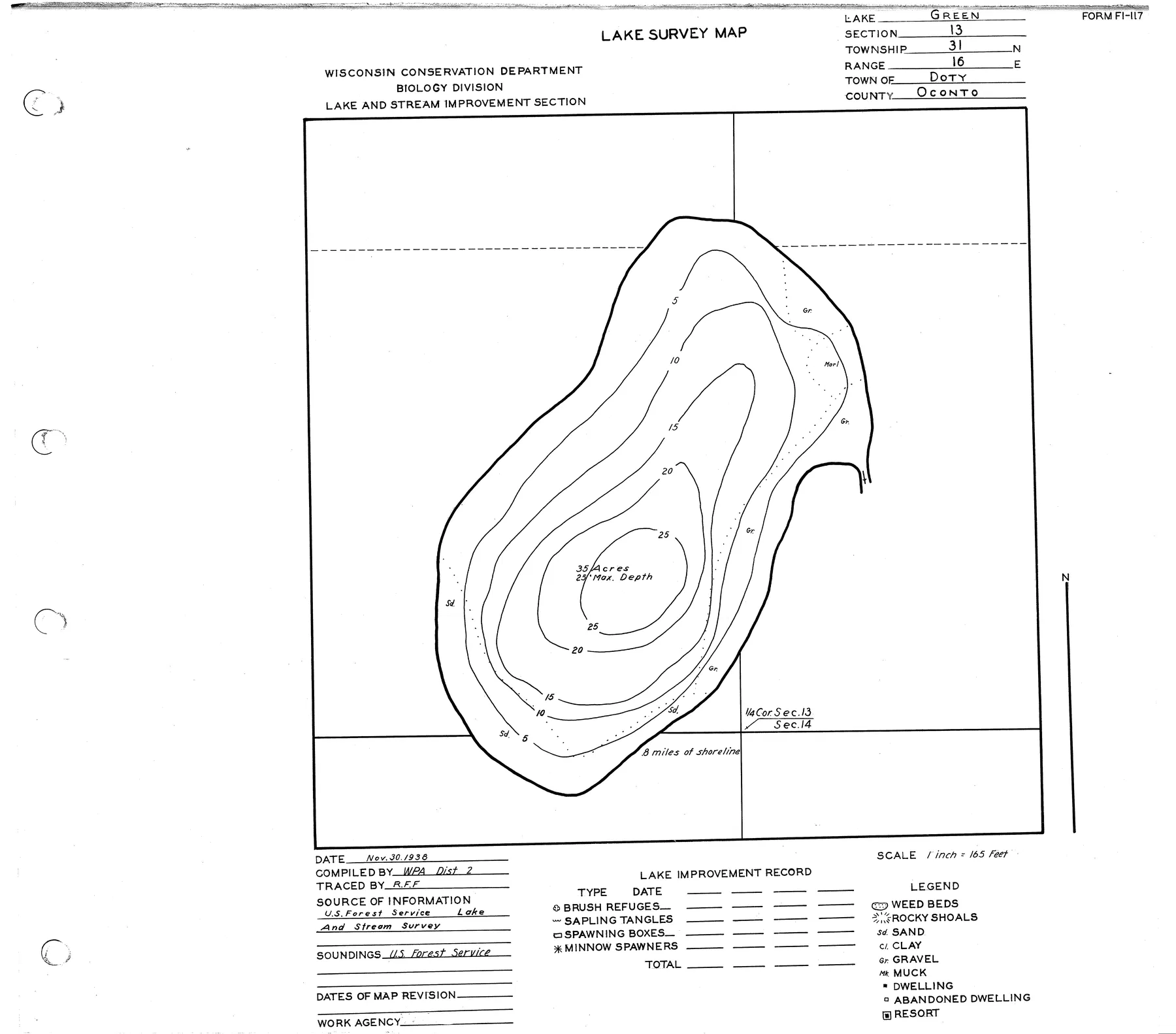 Green Lake historical Wisconsin DNR depth map sheet 1