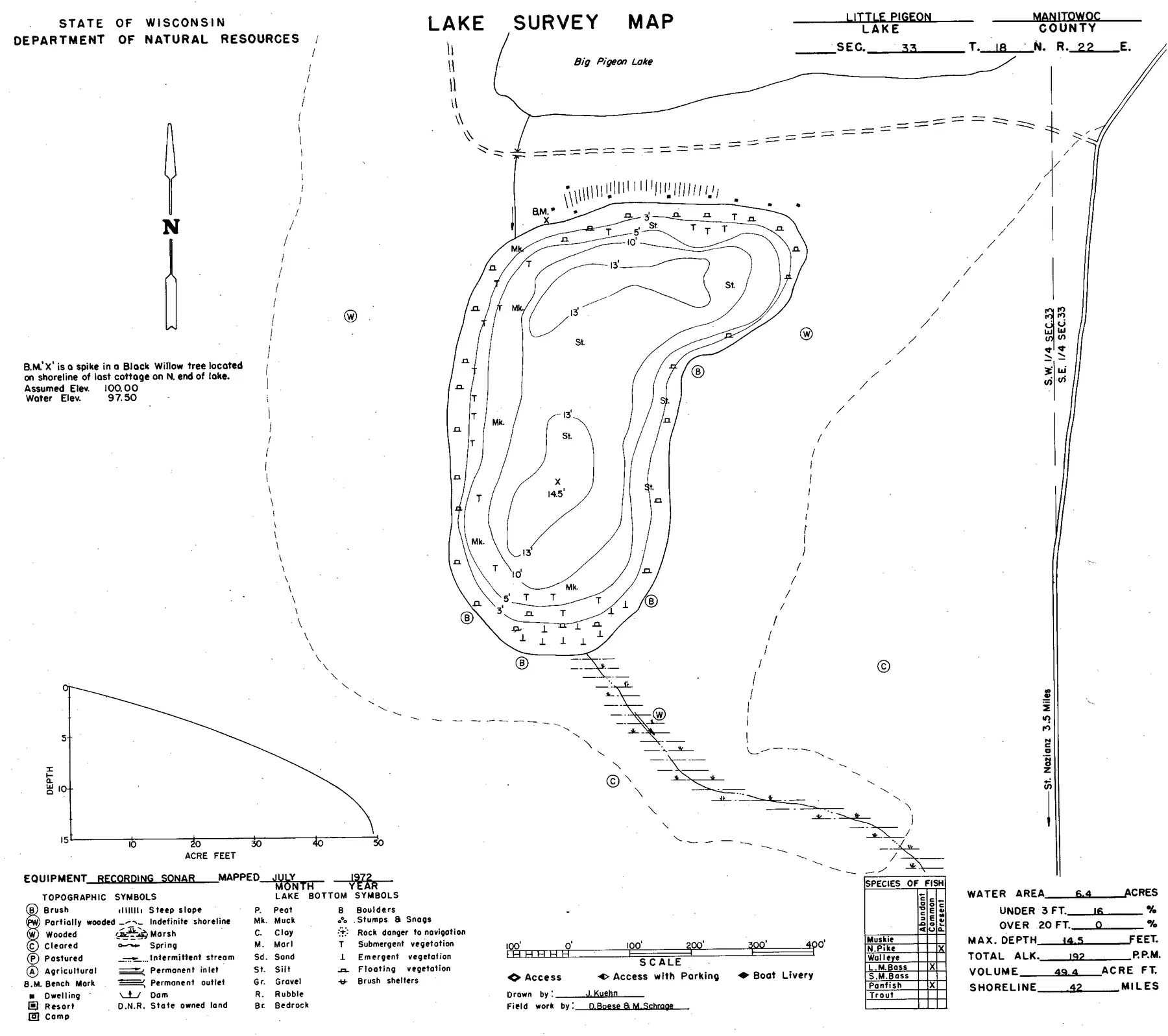 Little Pigeon Lake historical Wisconsin DNR depth map sheet 1