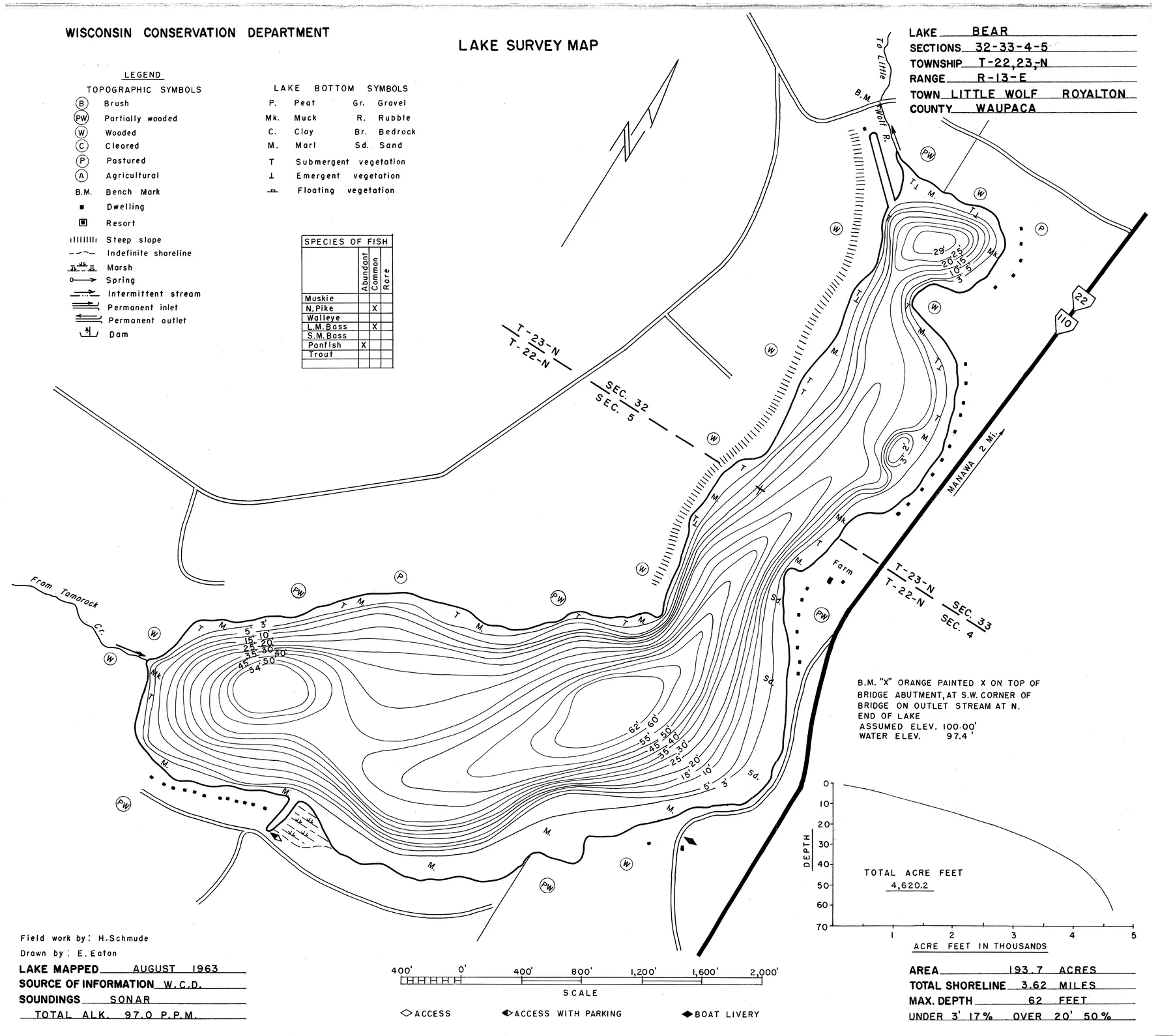 Bear Lake historical Wisconsin DNR depth map sheet 1