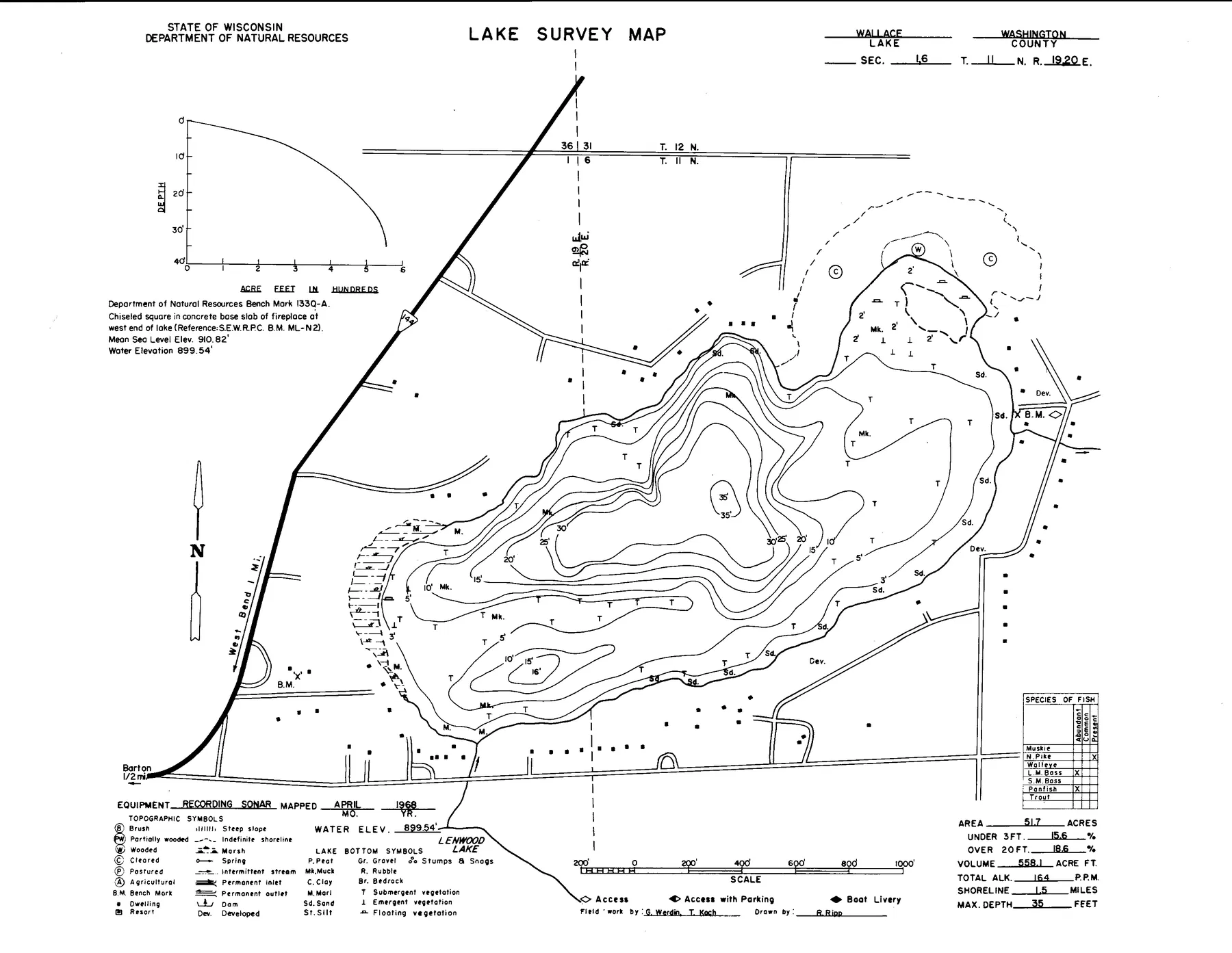 Wallace Lake historical Wisconsin DNR depth map sheet 1