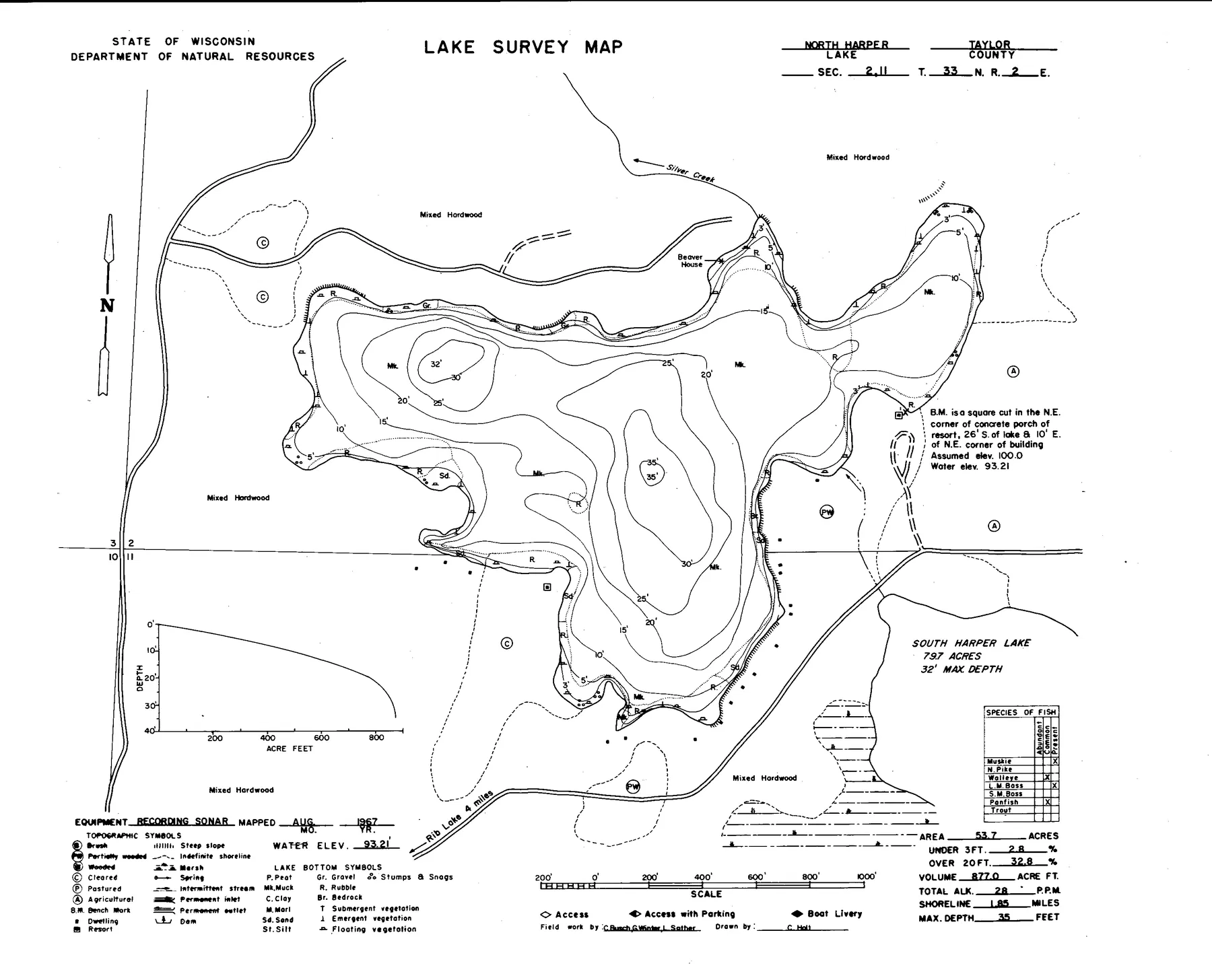 North Harper Lake historical Wisconsin DNR depth map sheet 1