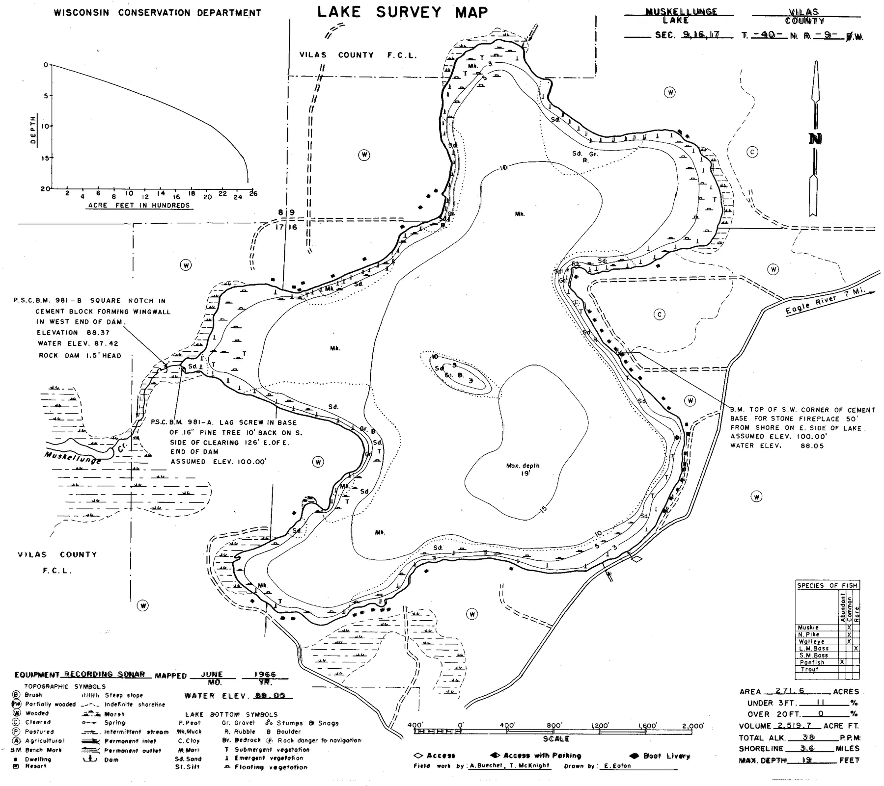 Muskellunge Lake historical Wisconsin DNR depth map sheet 1