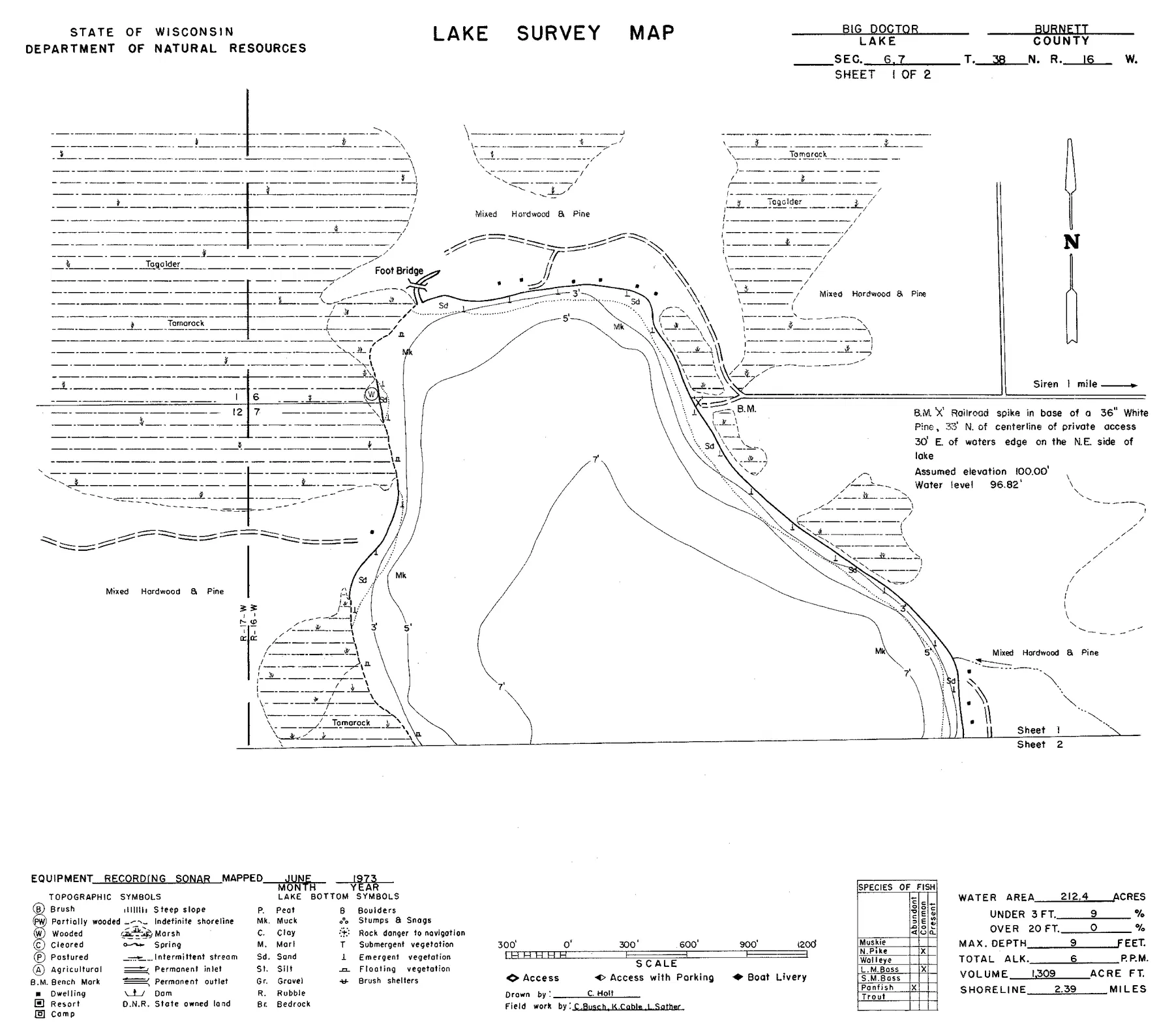 Big Doctor Lake historical Wisconsin DNR depth map sheet 1