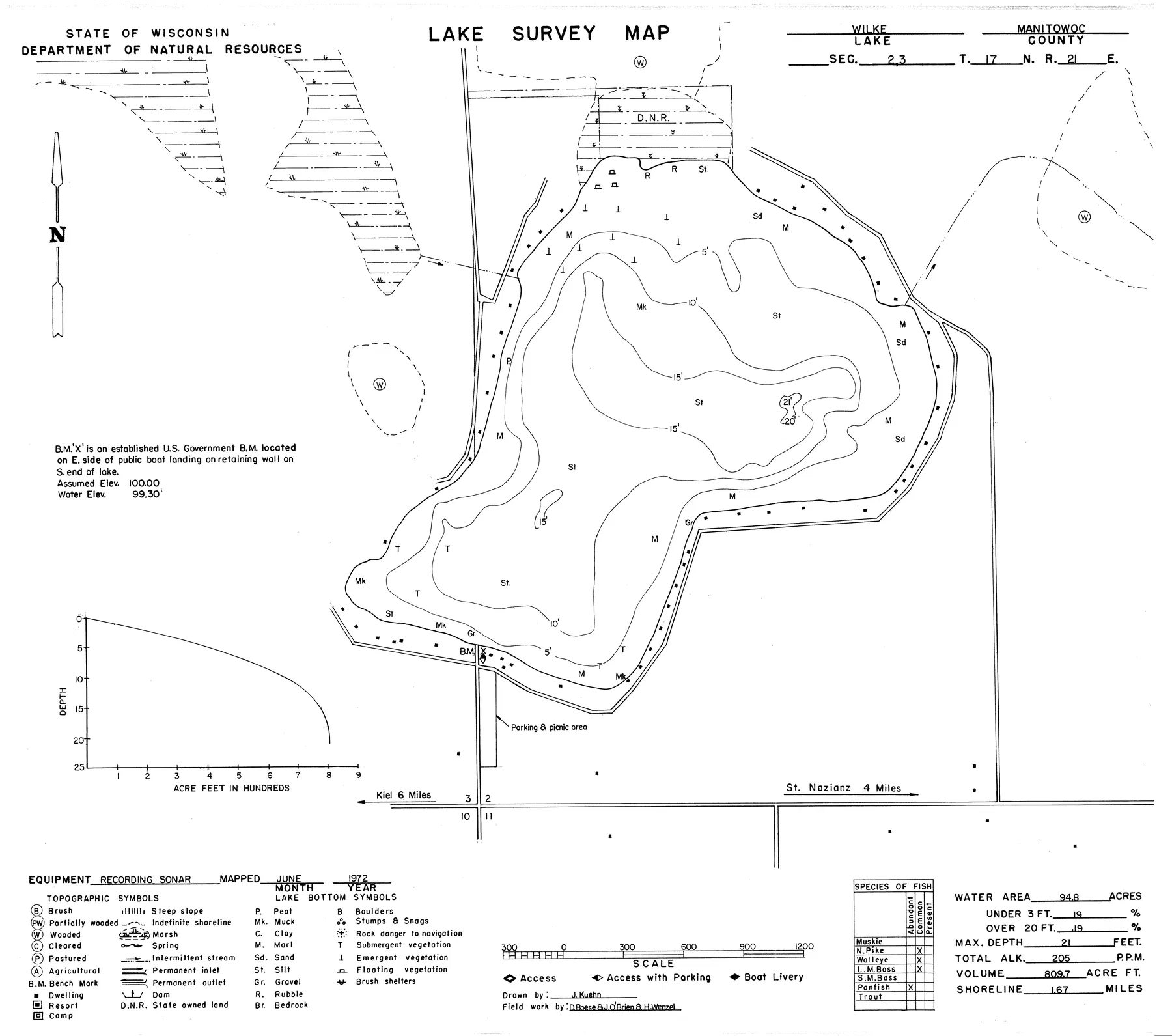 Wilke Lake historical Wisconsin DNR depth map sheet 1