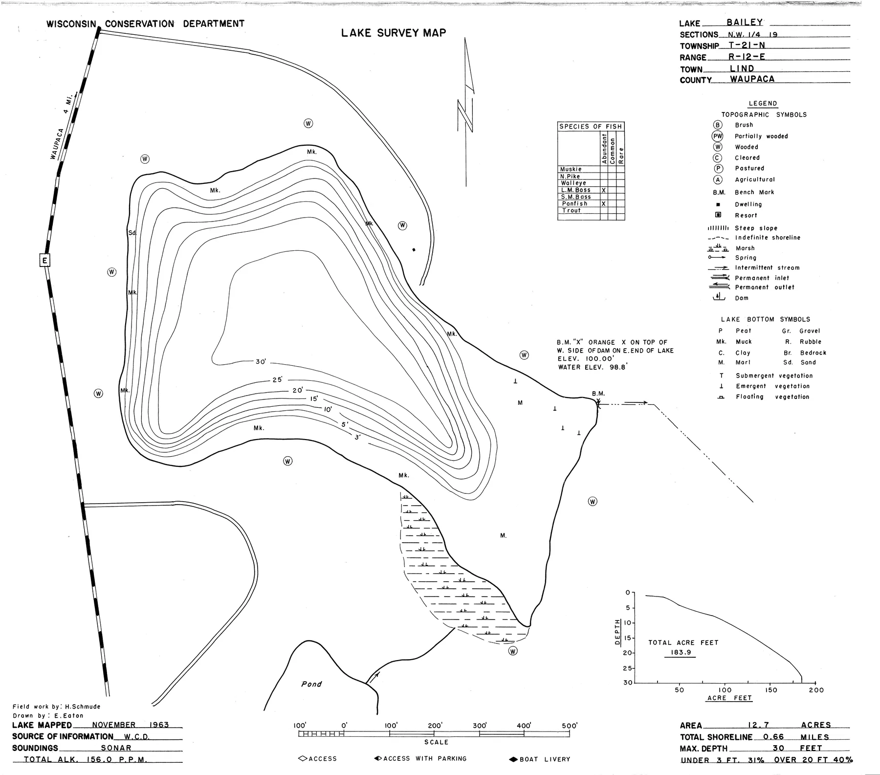 Bailey Lake historical Wisconsin DNR depth map sheet 1