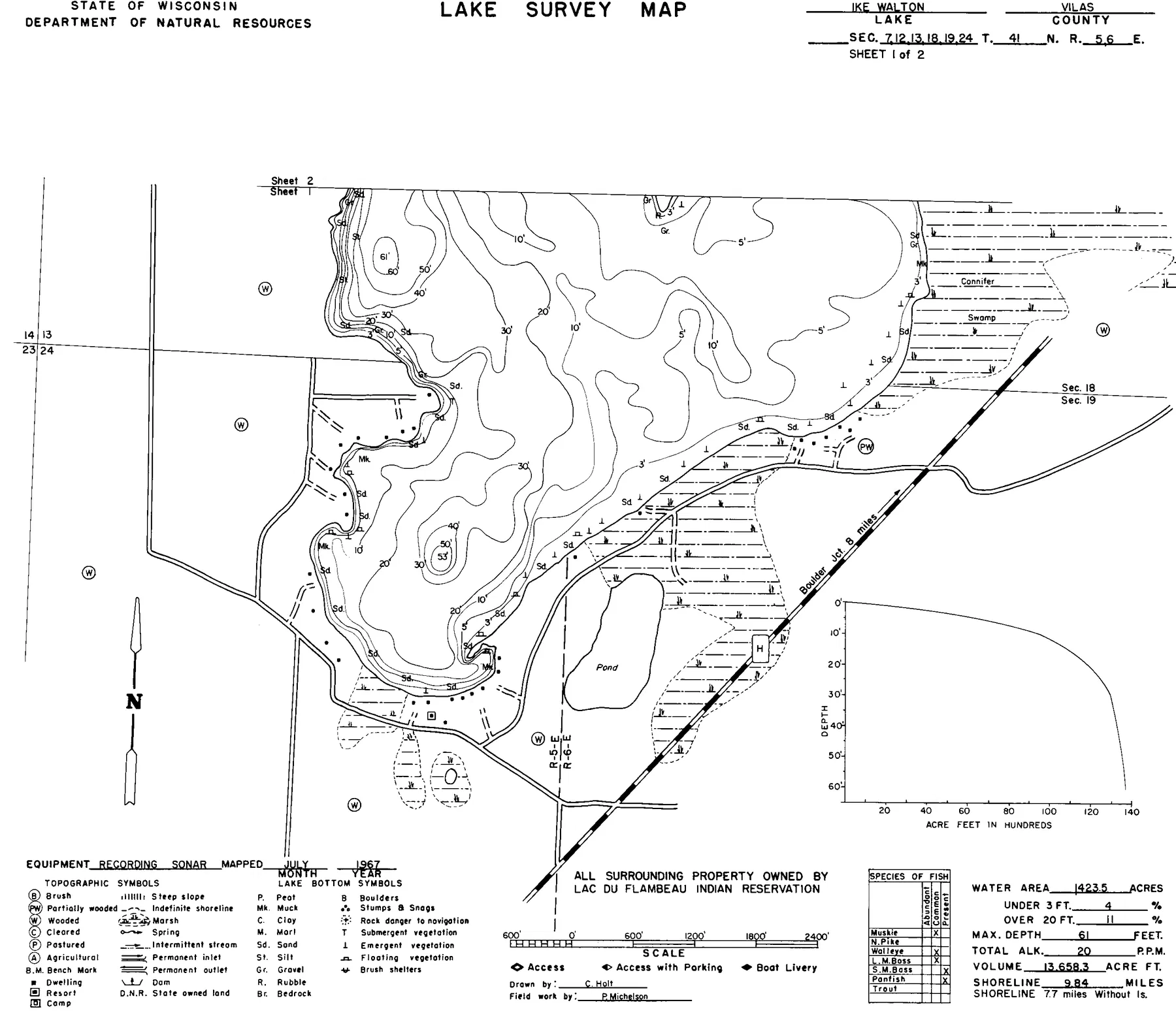 Ike Walton Lake historical Wisconsin DNR depth map sheet 1