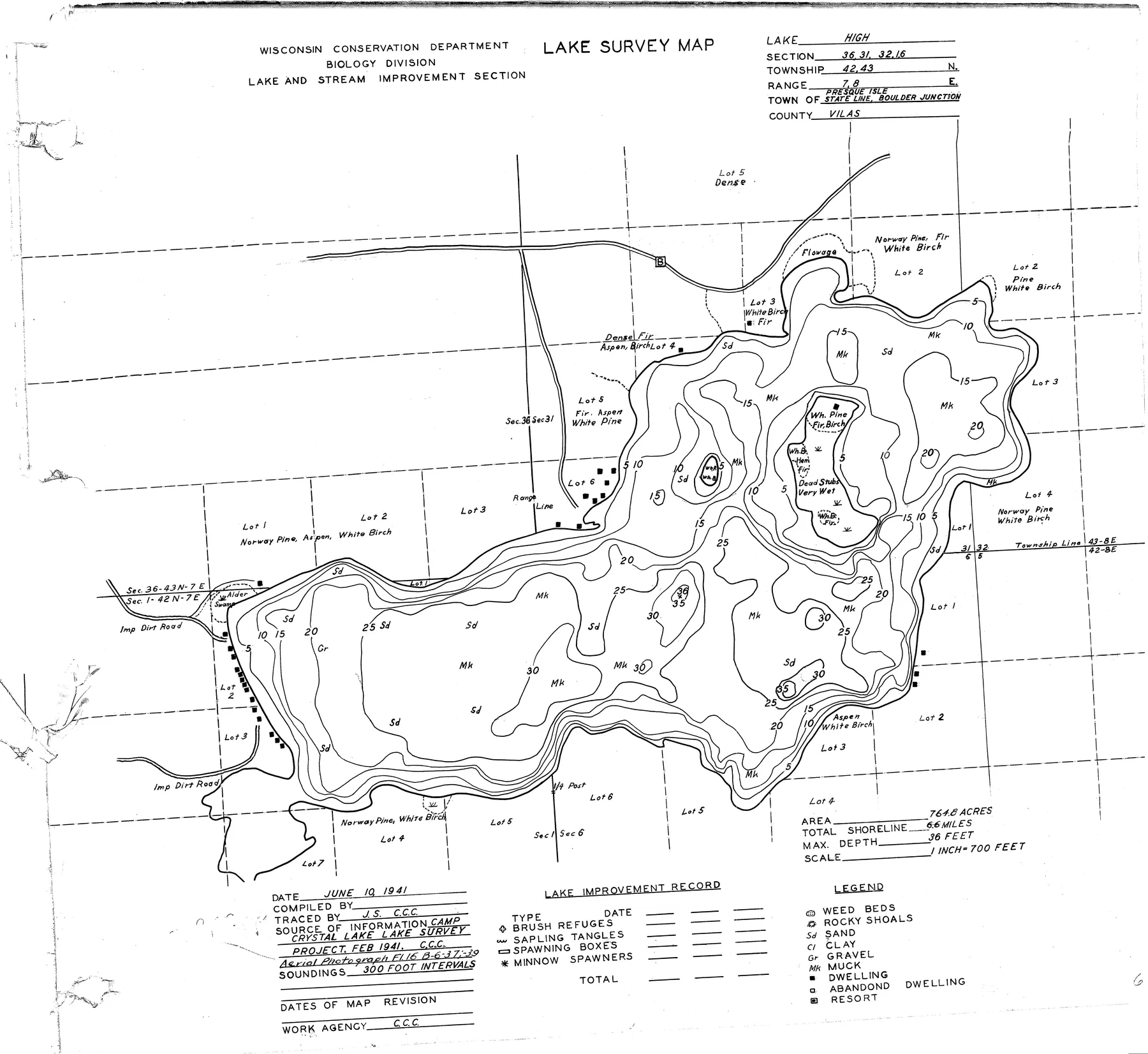 High Lake historical Wisconsin DNR depth map sheet 1