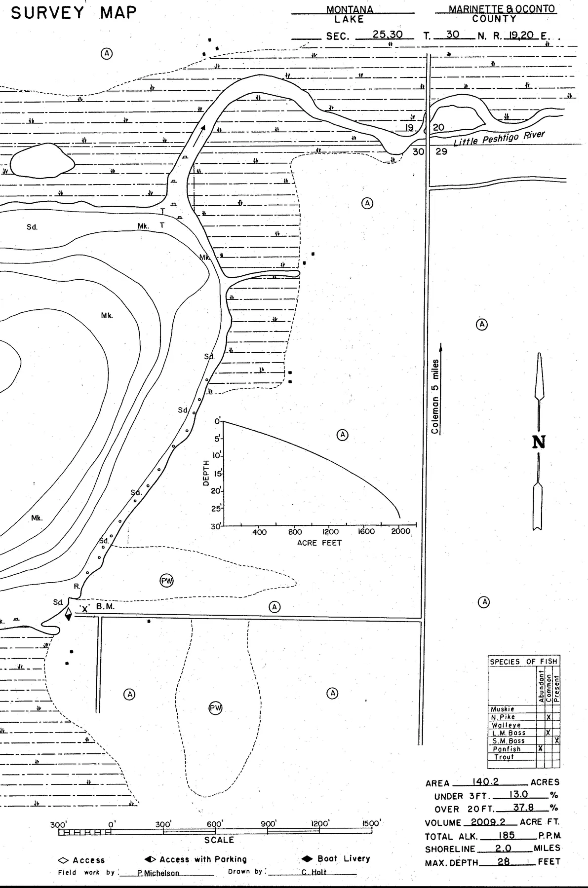 Montana Lake historical Wisconsin DNR depth map sheet 1