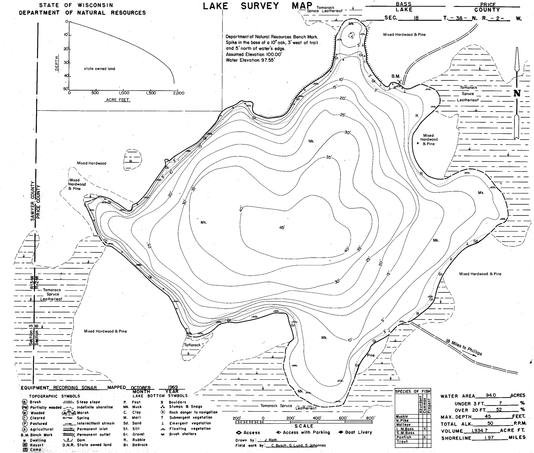 Bass Lake historical Wisconsin DNR depth map sheet 1