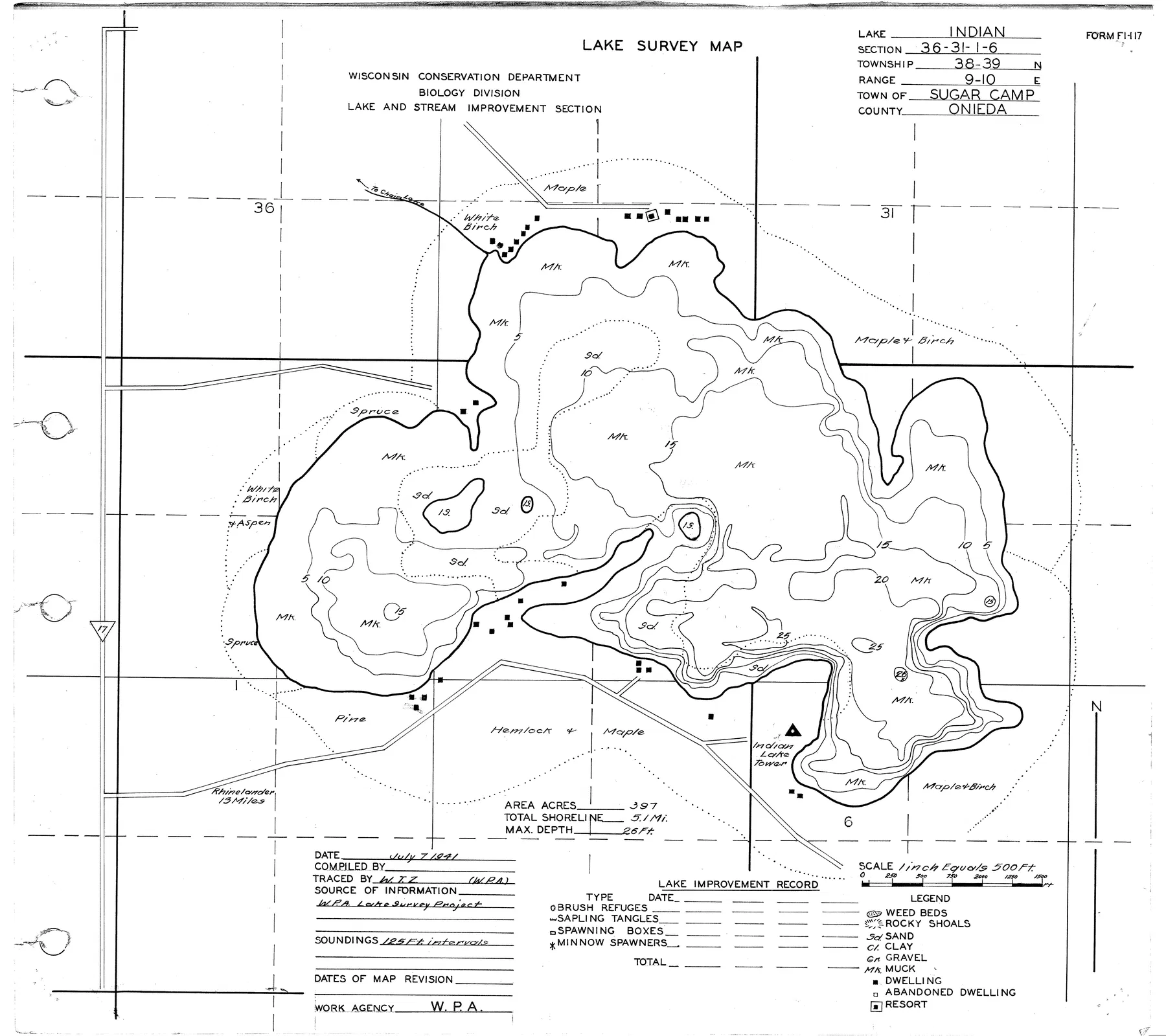 Indian Lake historical Wisconsin DNR depth map sheet 1
