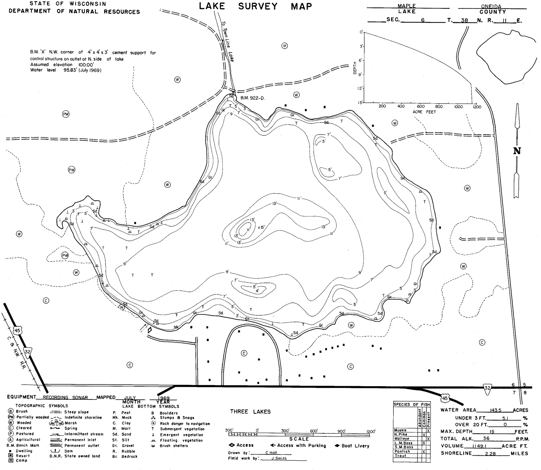 Maple Lake historical Wisconsin DNR depth map sheet 1