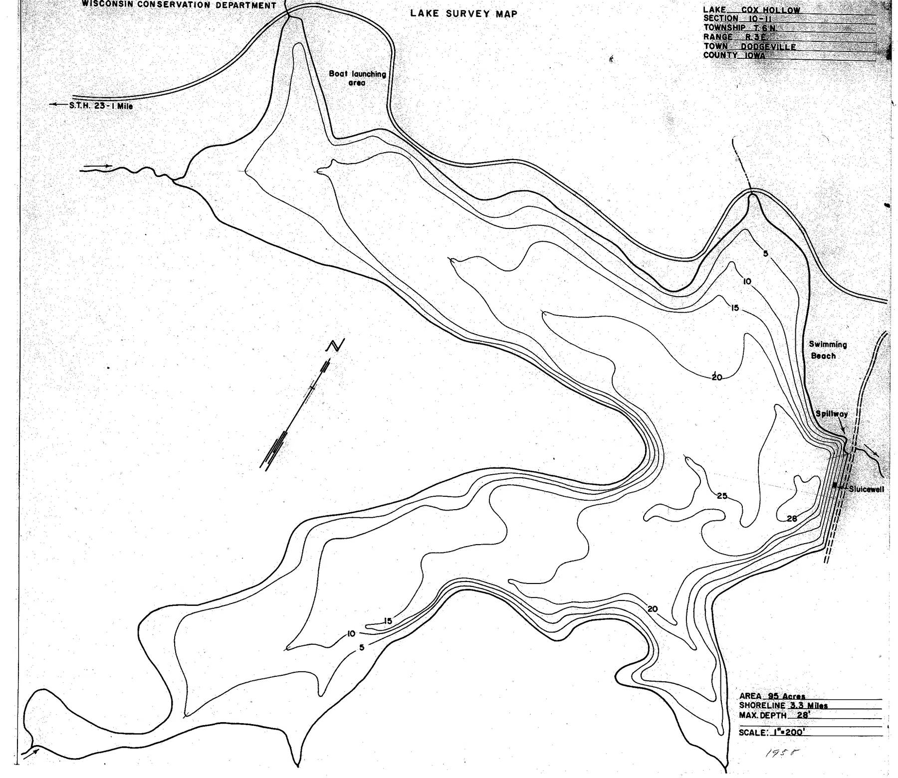 Cox Hollow Lake historical Wisconsin DNR depth map sheet 1