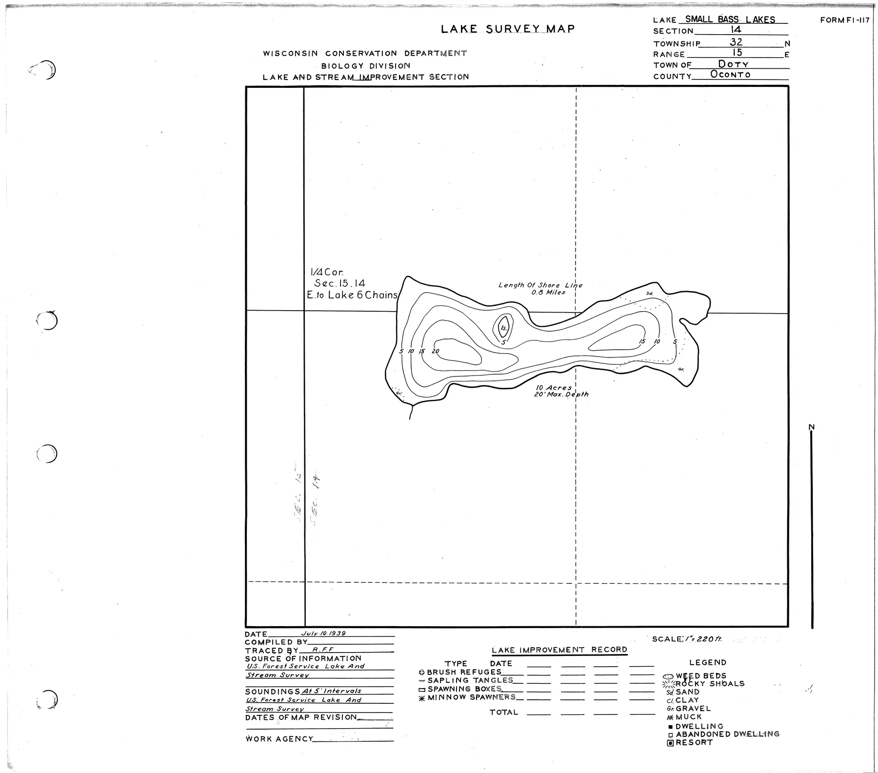 Small Bass Lakes historical Wisconsin DNR depth map sheet 1