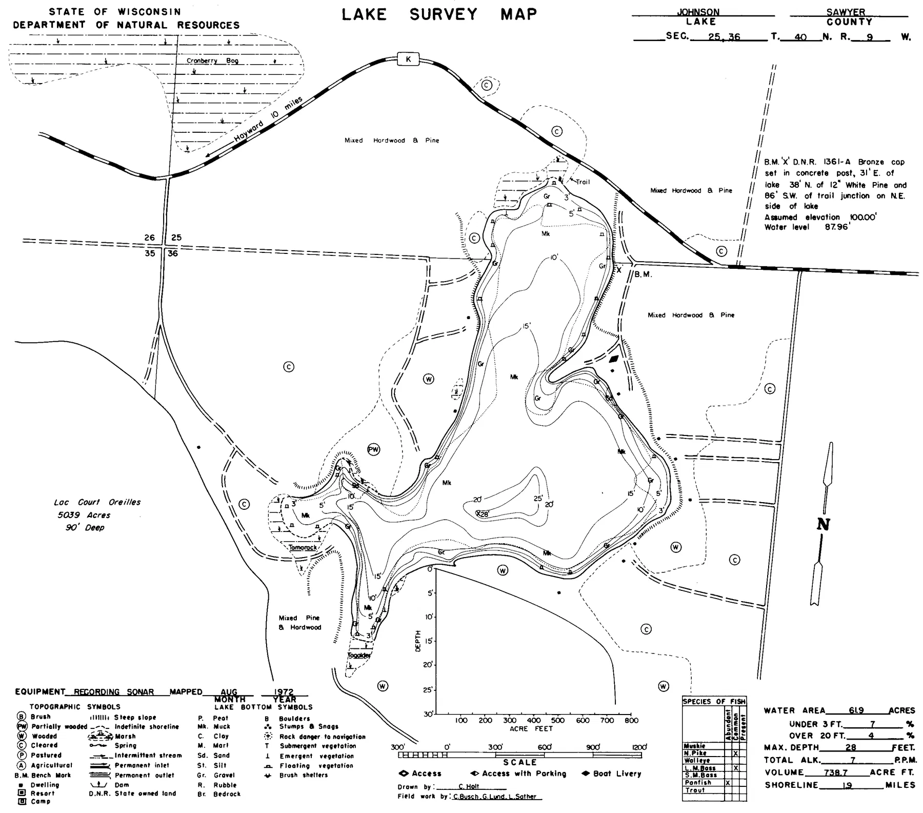 Johnson Lake historical Wisconsin DNR depth map sheet 1
