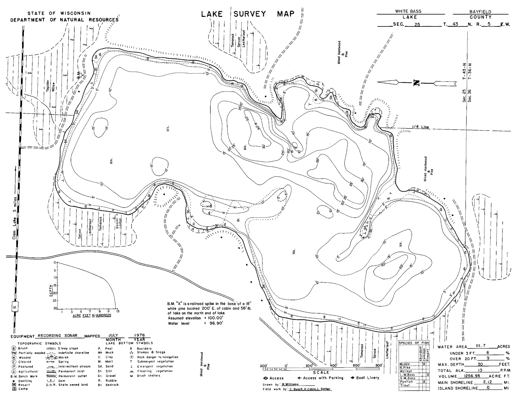 White Bass Lake historical Wisconsin DNR depth map sheet 1