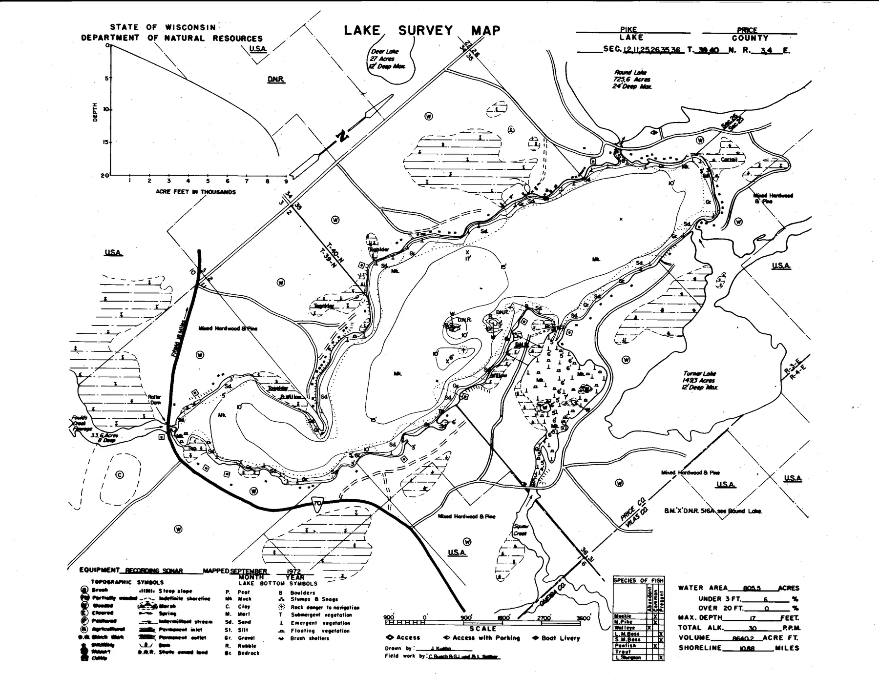 Pike Lake historical Wisconsin DNR depth map sheet 1