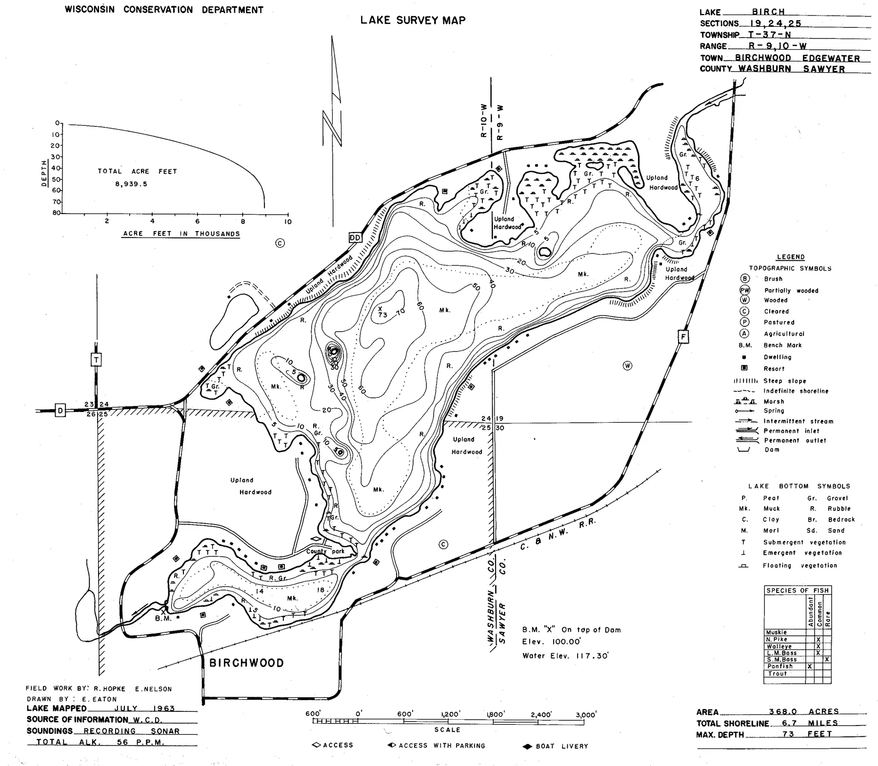Birch Lake historical Wisconsin DNR depth map sheet 1