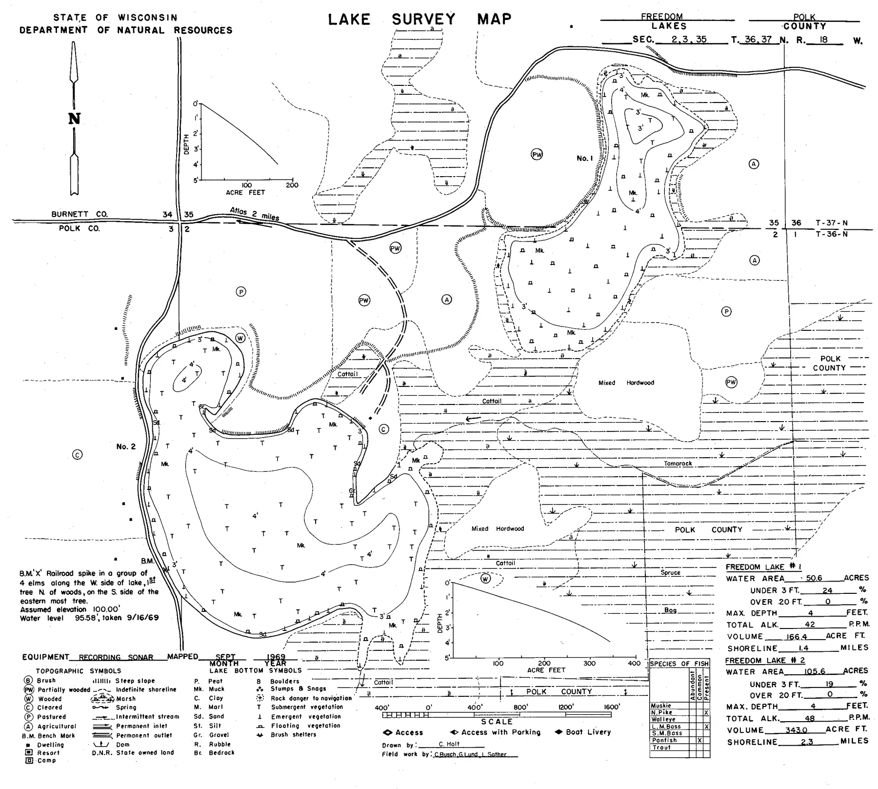 Freedom Lakes historical Wisconsin DNR depth map sheet 1
