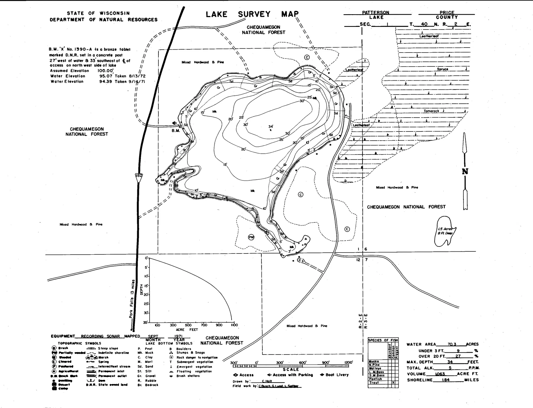 Patterson Lake historical Wisconsin DNR depth map sheet 1
